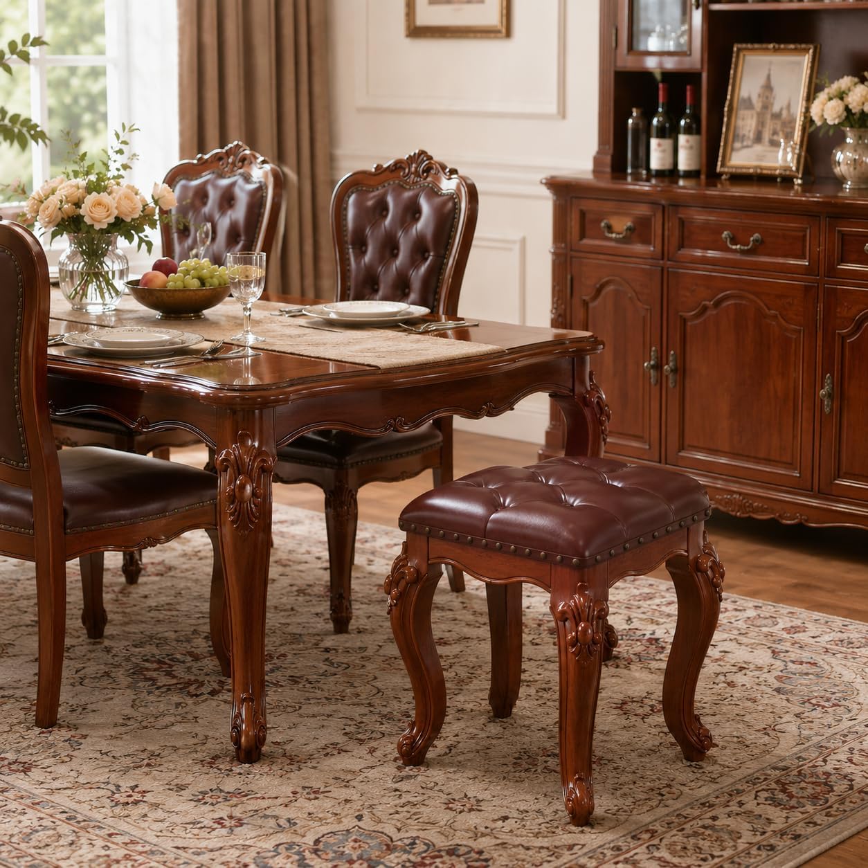 Upholstered Carved Wood Vanity Stool Tufted Leather