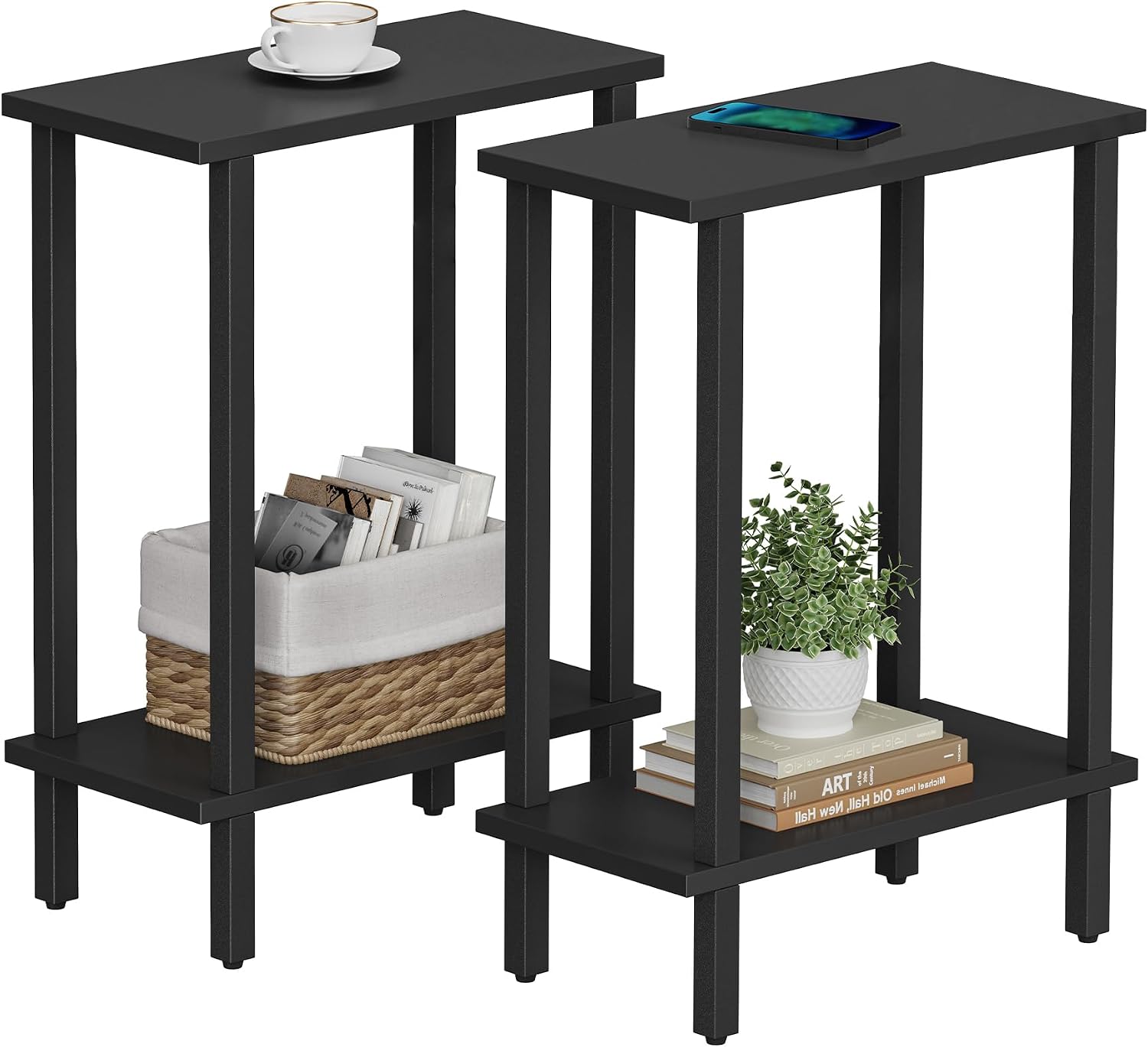 2‑Tier Narrow Side Table Set Black