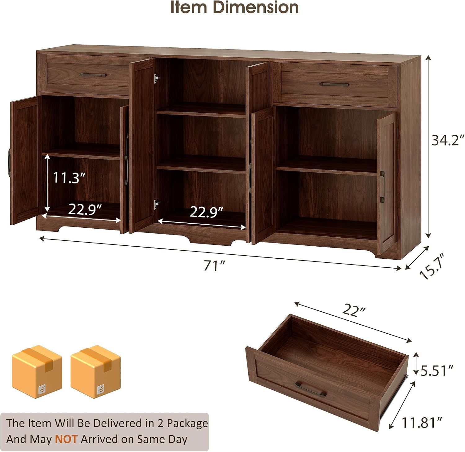 71" Farmhouse Dark Brown Sideboard Cabinet