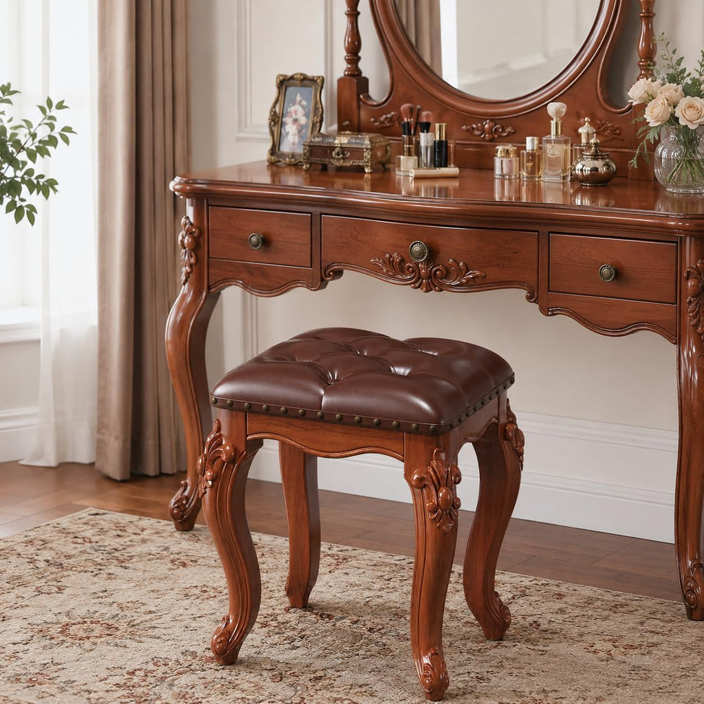 Upholstered Carved Wood Vanity Stool Tufted Leather