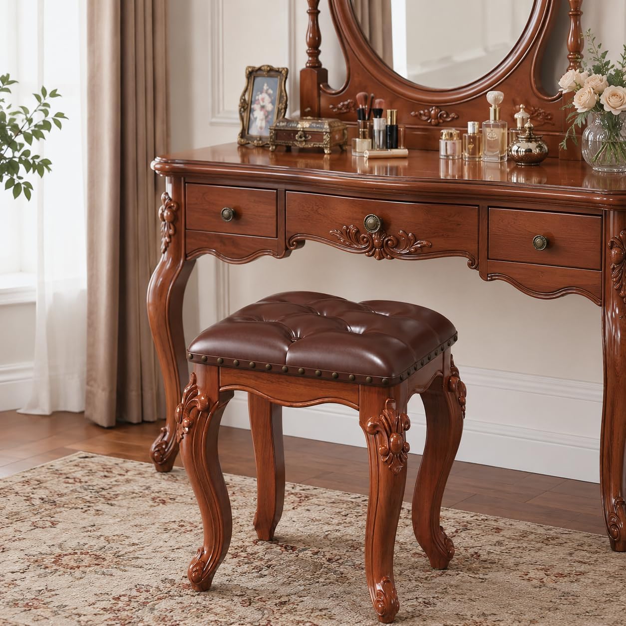 Upholstered Carved Wood Vanity Stool Tufted Leather