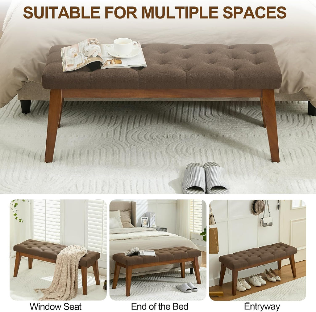 Vintage Tufted Linen Bench Wood Legs