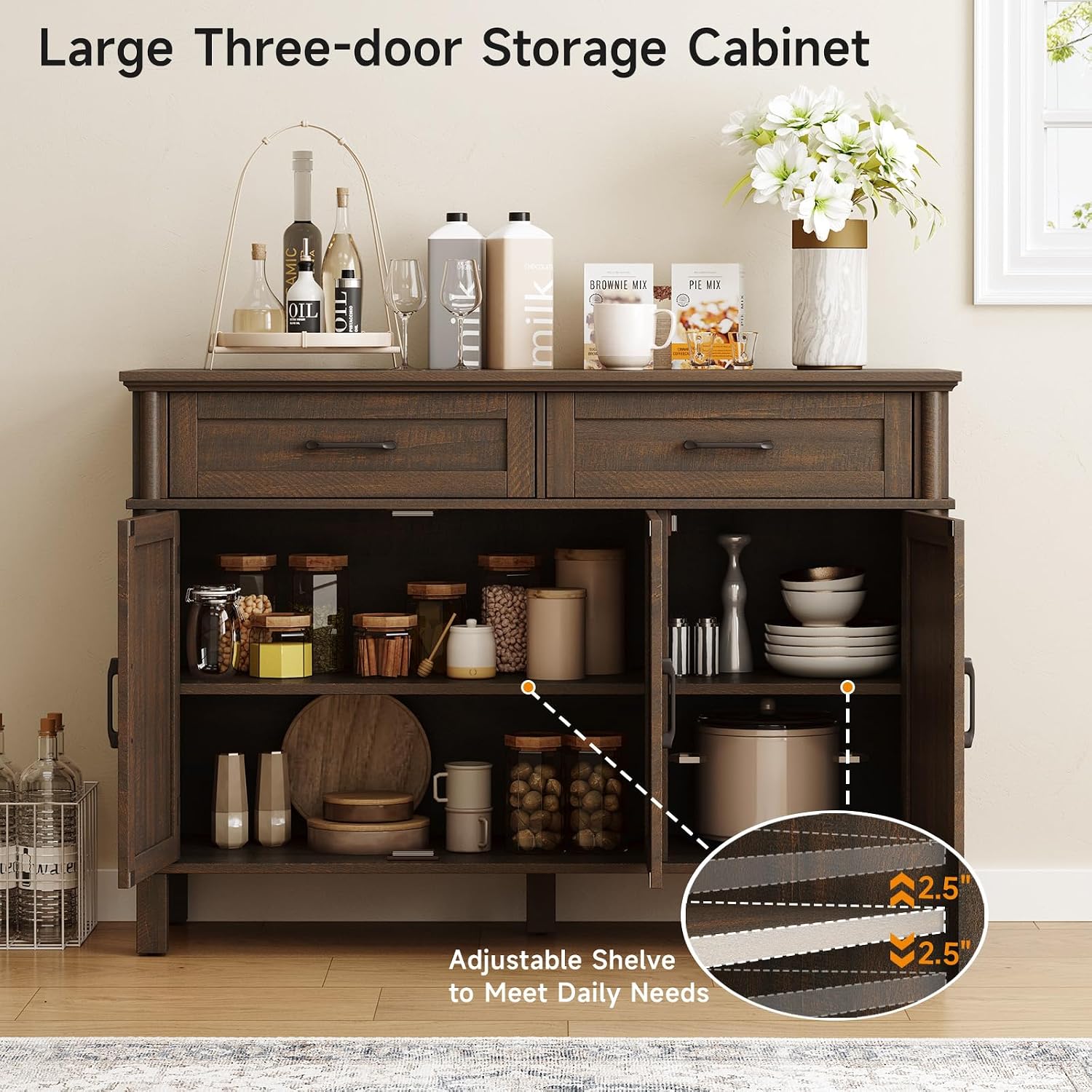 48" Farmhouse Brown Buffet Cabinet With Storage