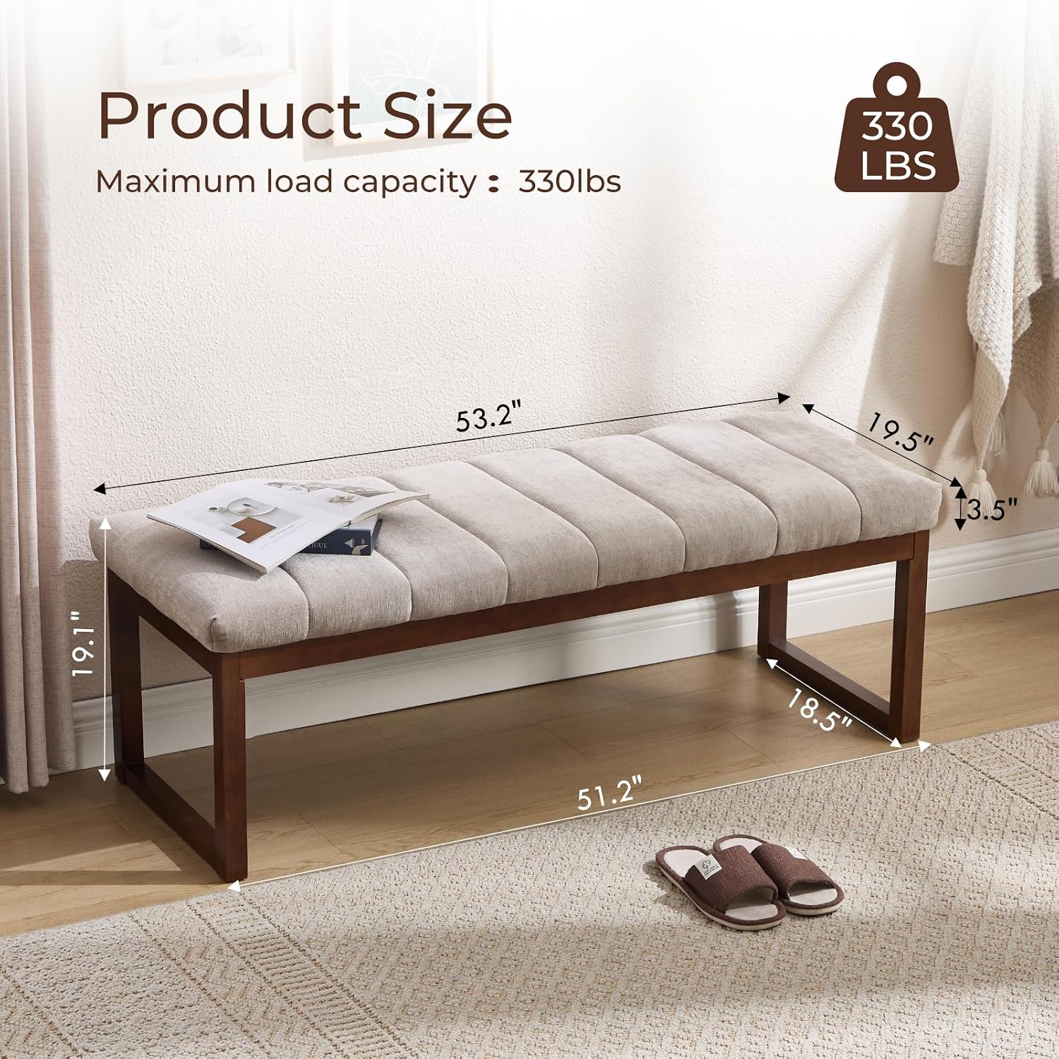 Tufted Chenille Wood Frame Bedroom Bench Camel