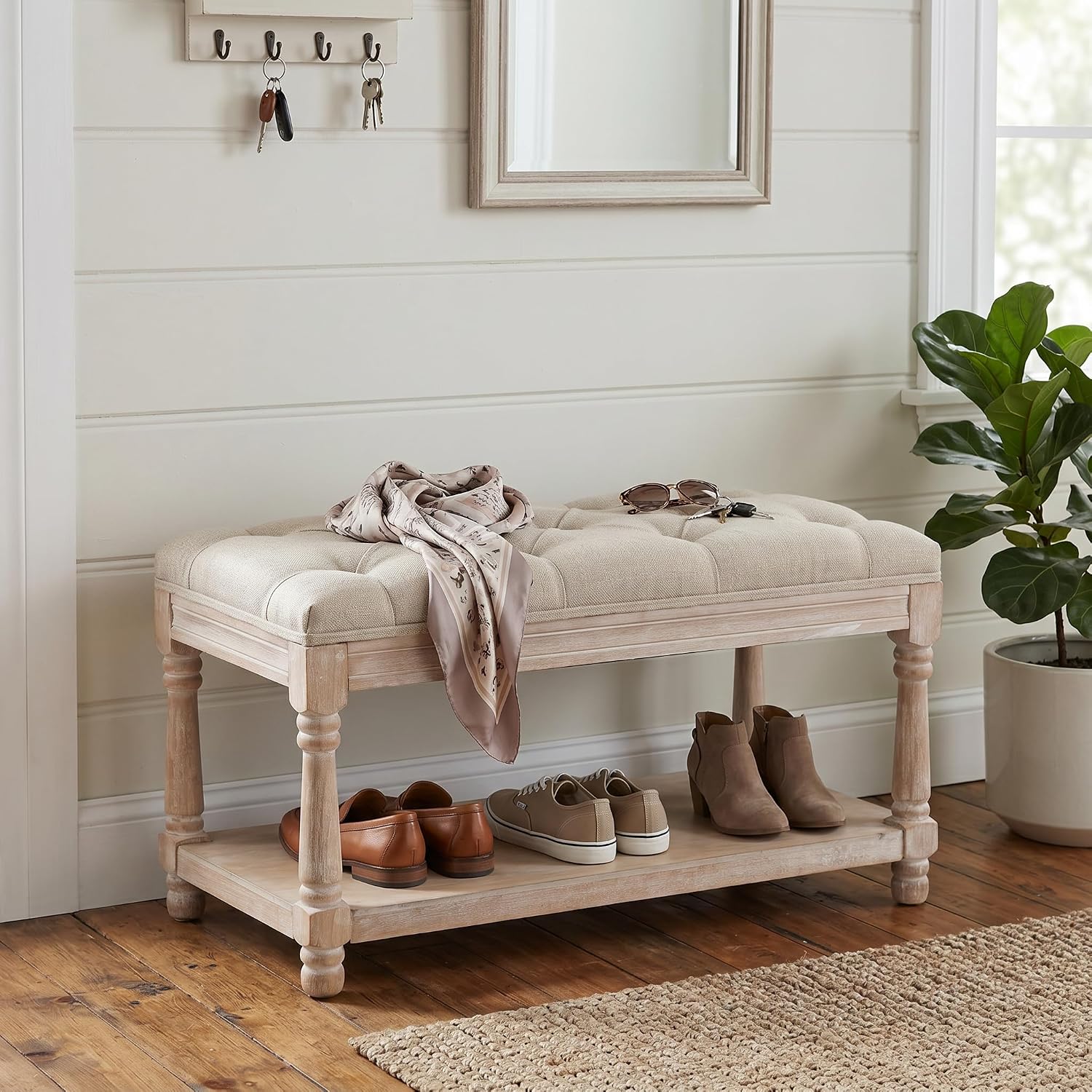 Tufted Wood Storage Bench Beige
