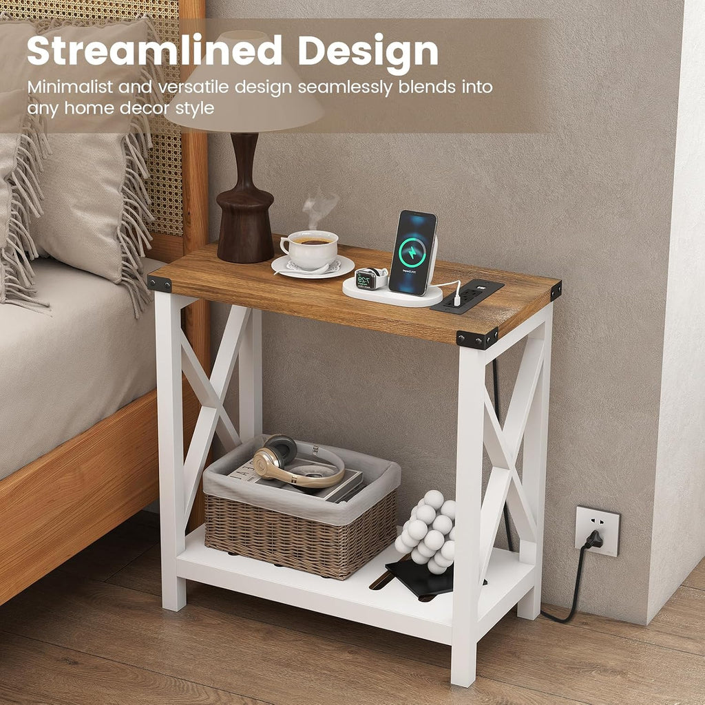 Farmhouse Narrow End Table Set White Brown