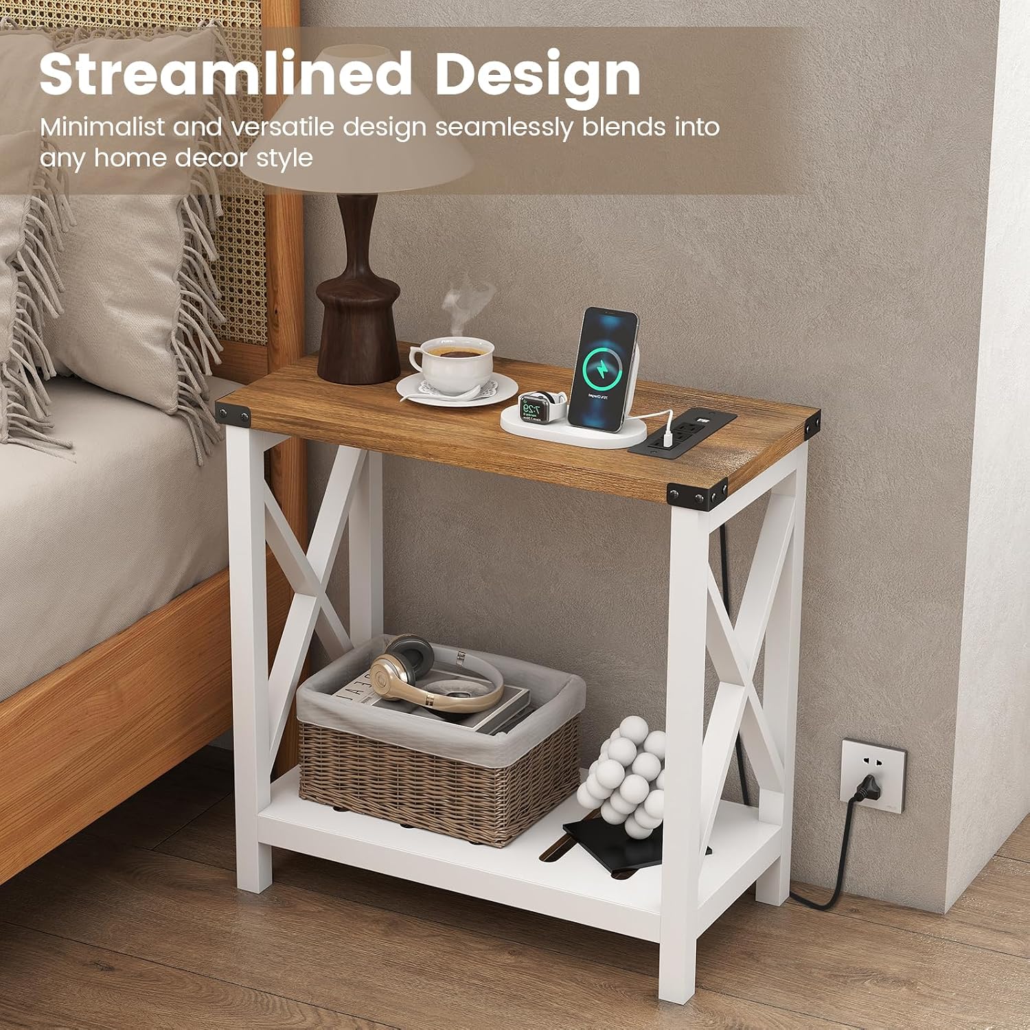 Farmhouse Narrow End Table Set White Brown