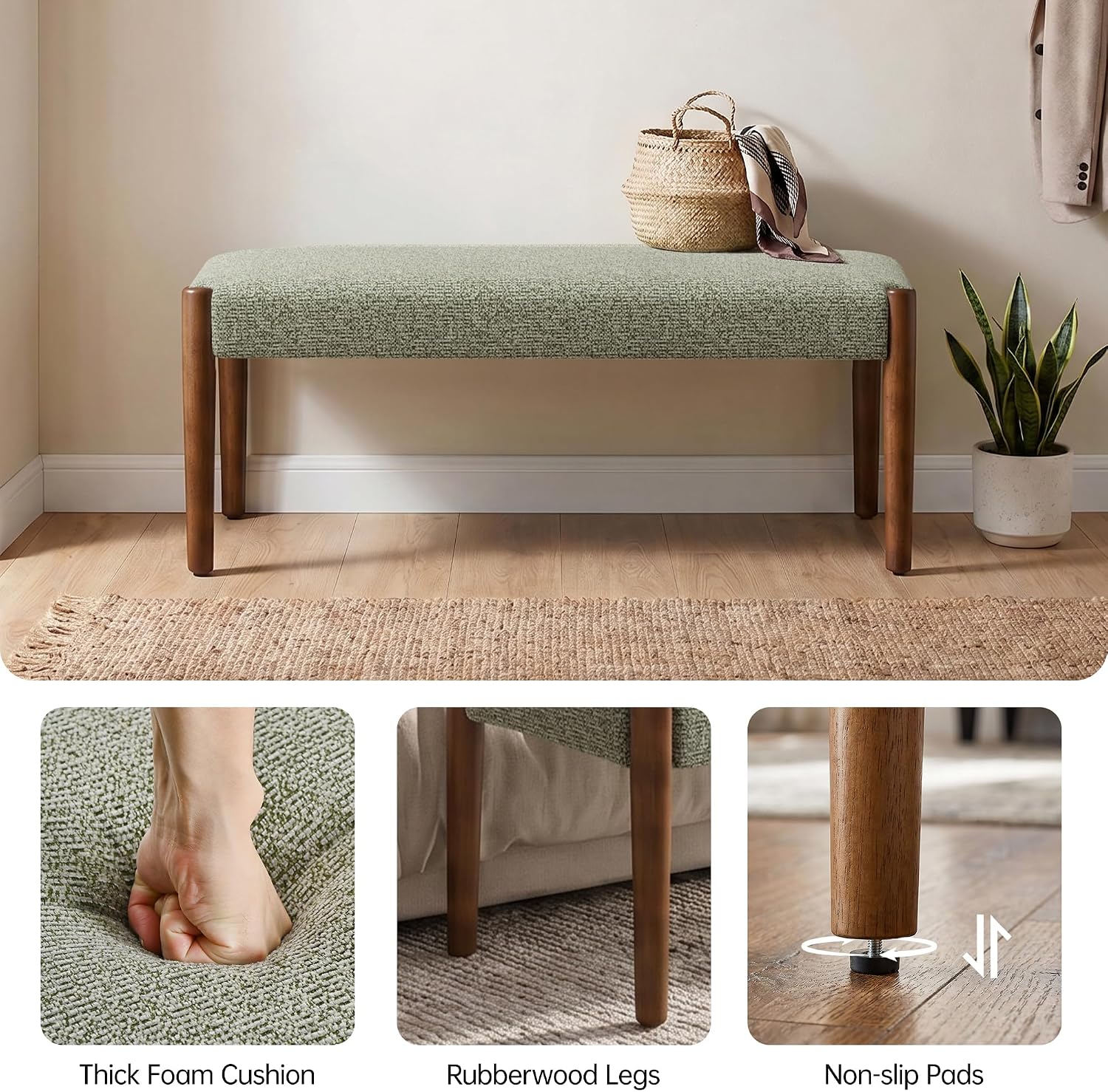 Modern Green Upholstered Bench Walnut Legs