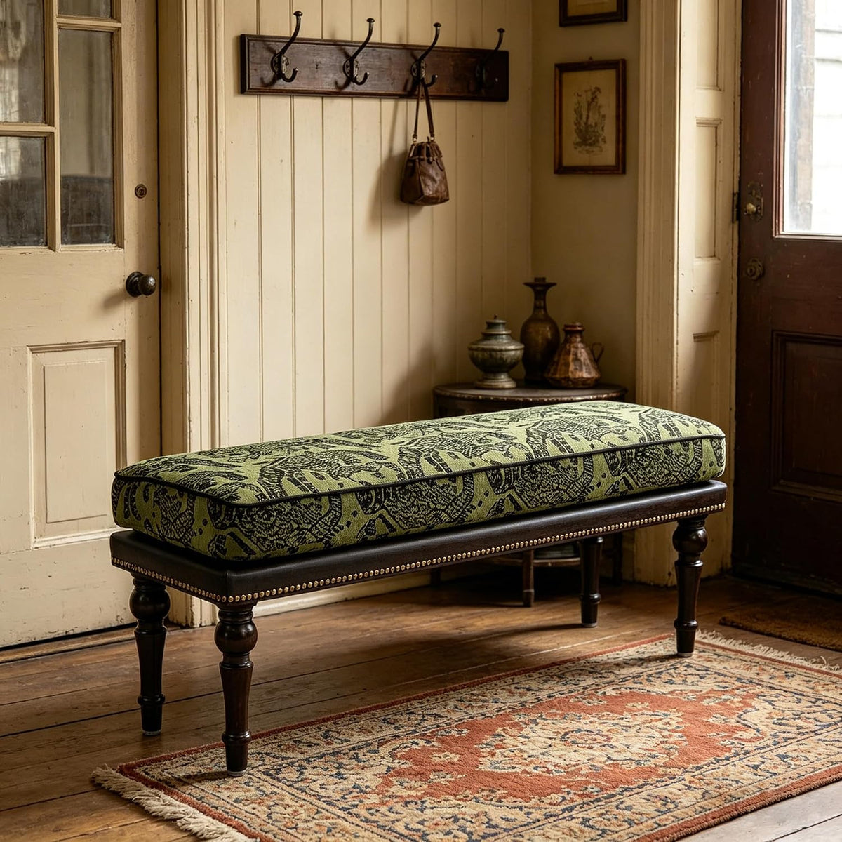 Vintage Wood Upholstered Bench Nailhead Trim