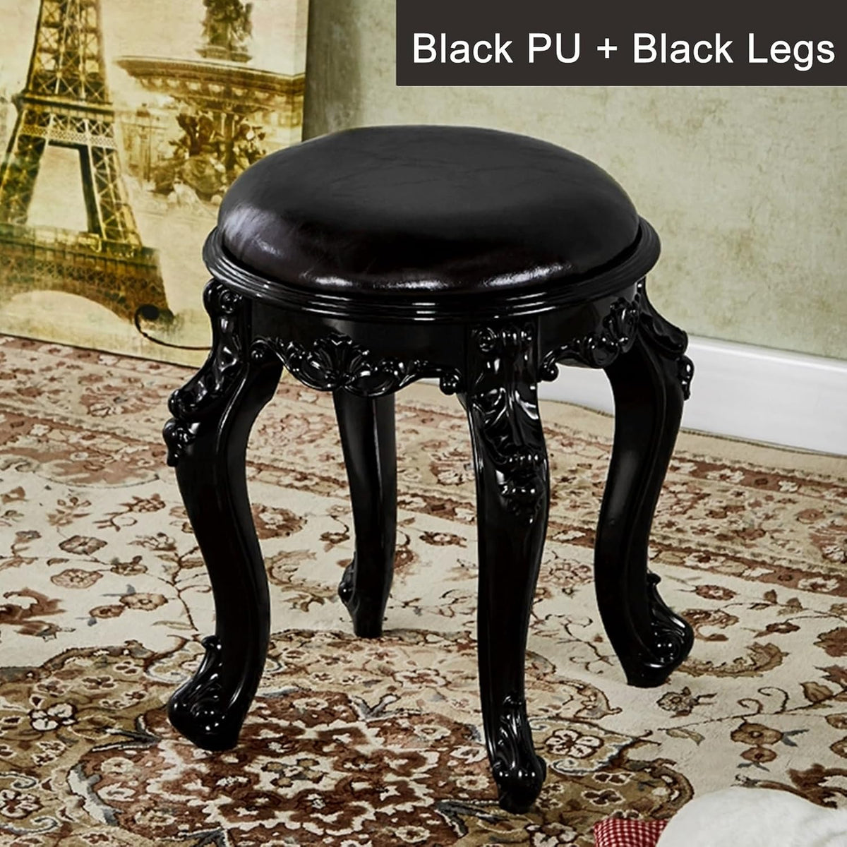 Vintage Black Velvet Vanity Stool PU Padded Seat