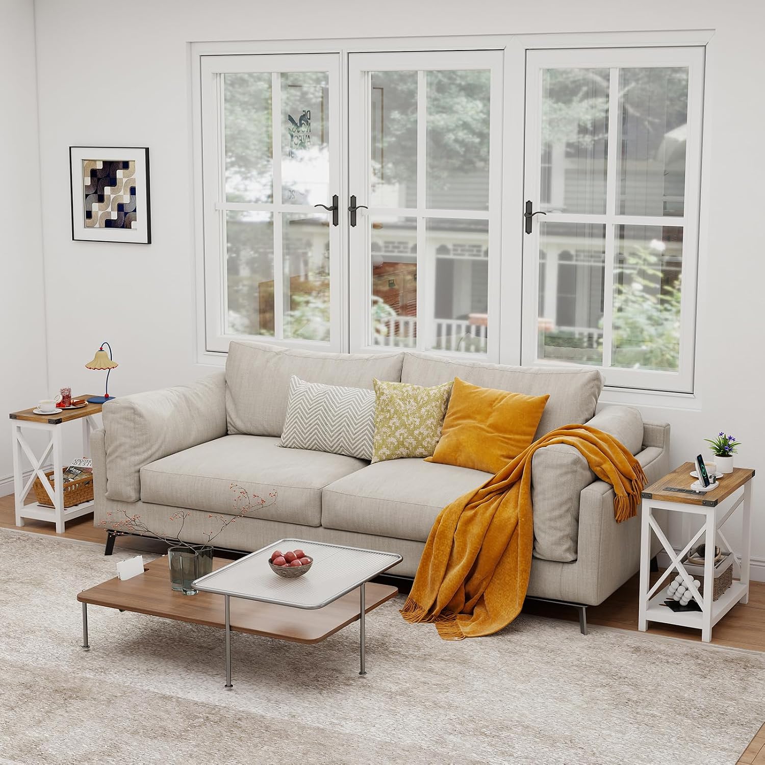 Farmhouse Narrow End Table Set White Brown