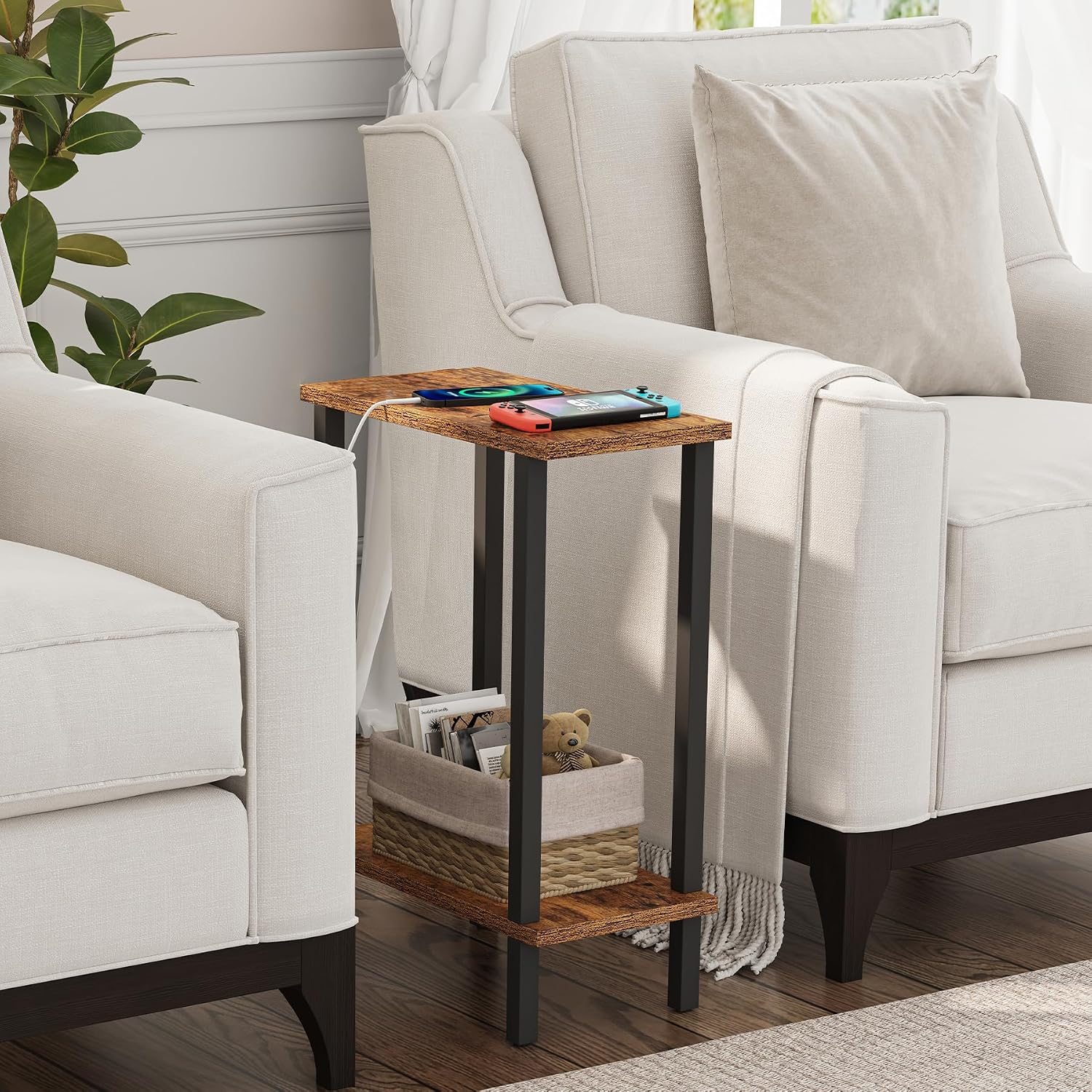 2‑Tier Narrow Side Table Set Brown