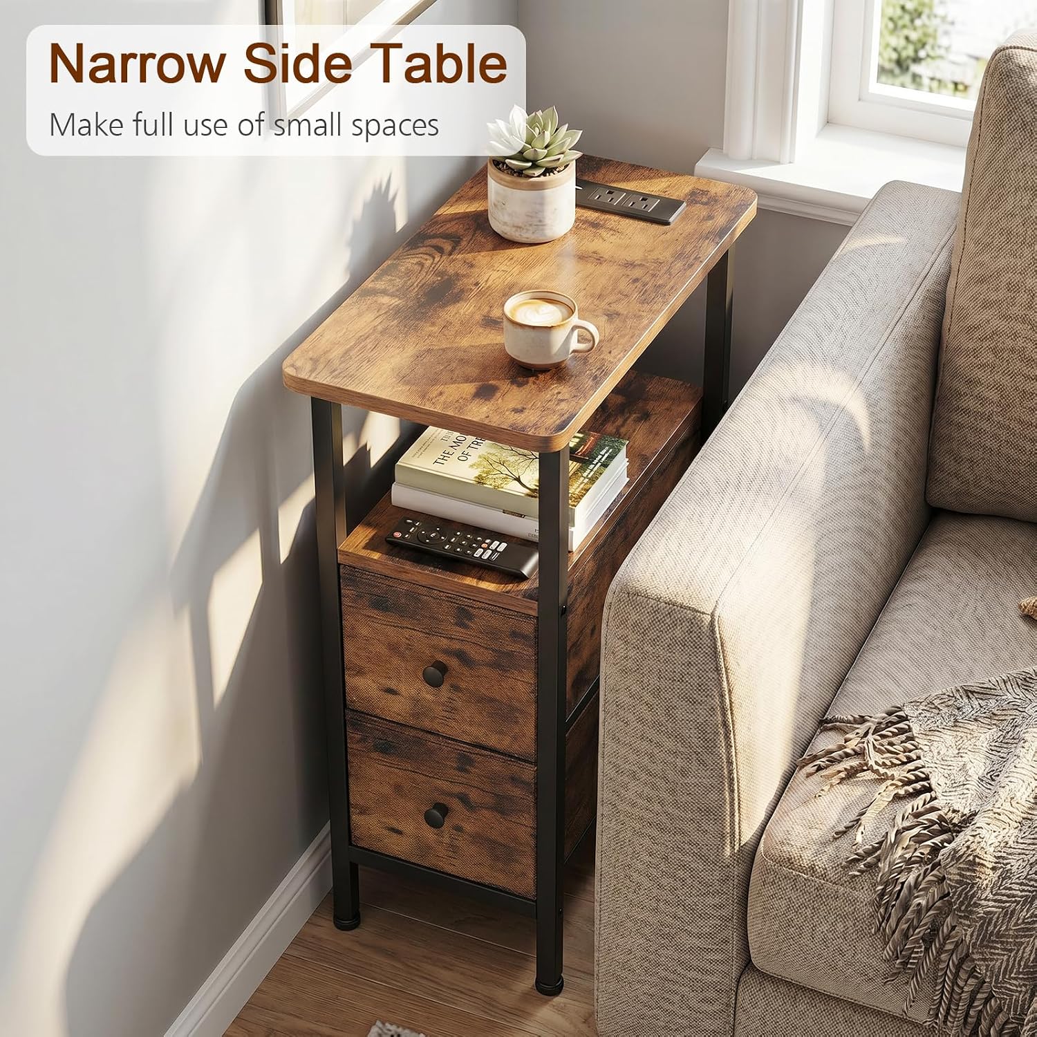 Narrow Rustic Brown End Table With Charging Station