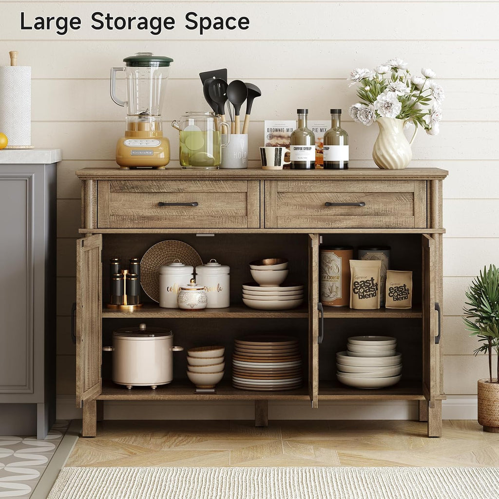 48" Farmhouse Washed Grey Buffet Cabinet With Storage