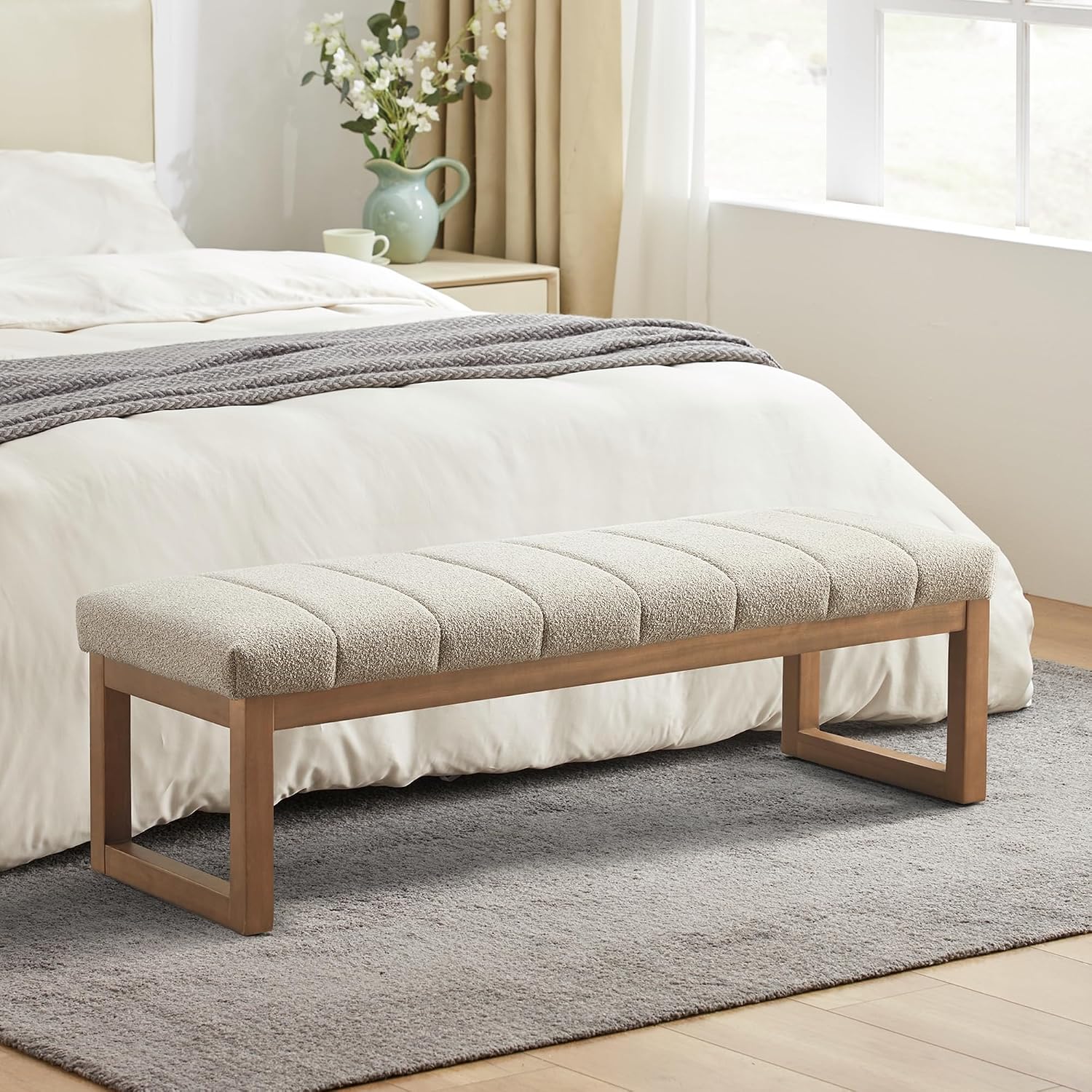 Modern Teddy Fabric Bench Wood Frame Camel