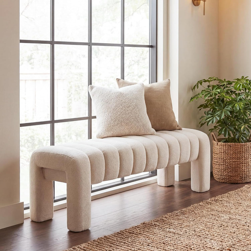 Modern Upholstered Linen Bedroom Bench Wood Legs