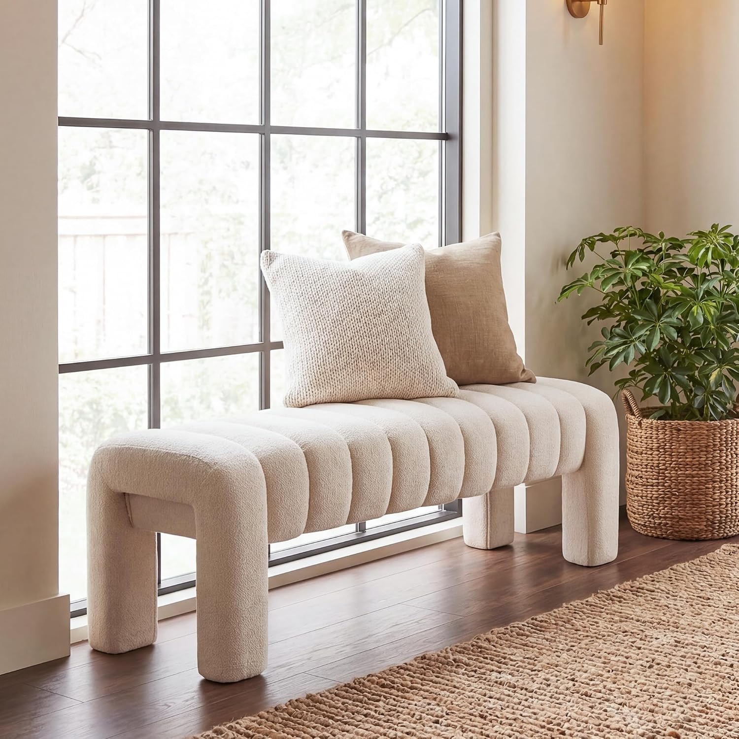 Modern Upholstered Linen Bedroom Bench Wood Legs