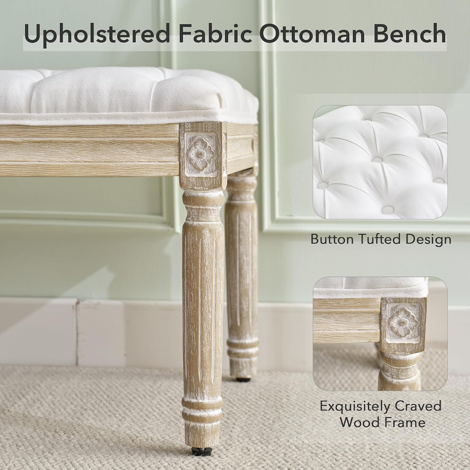 Vintage Tufted Linen Entryway Bench Wood Legs
