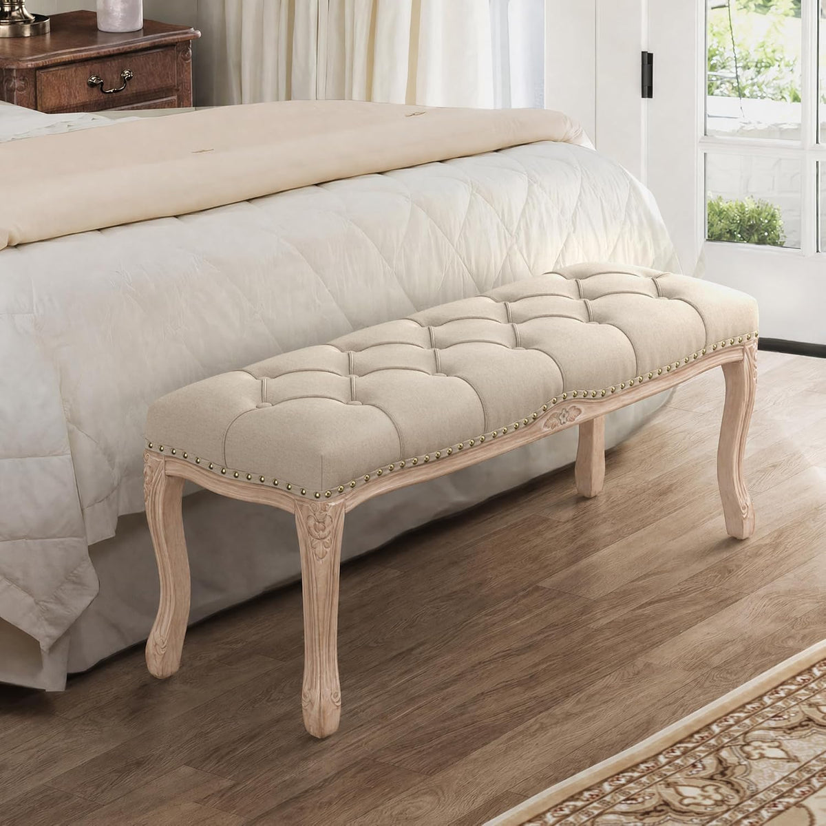 French Vintage Tufted Linen Bench Distressed Wood Legs