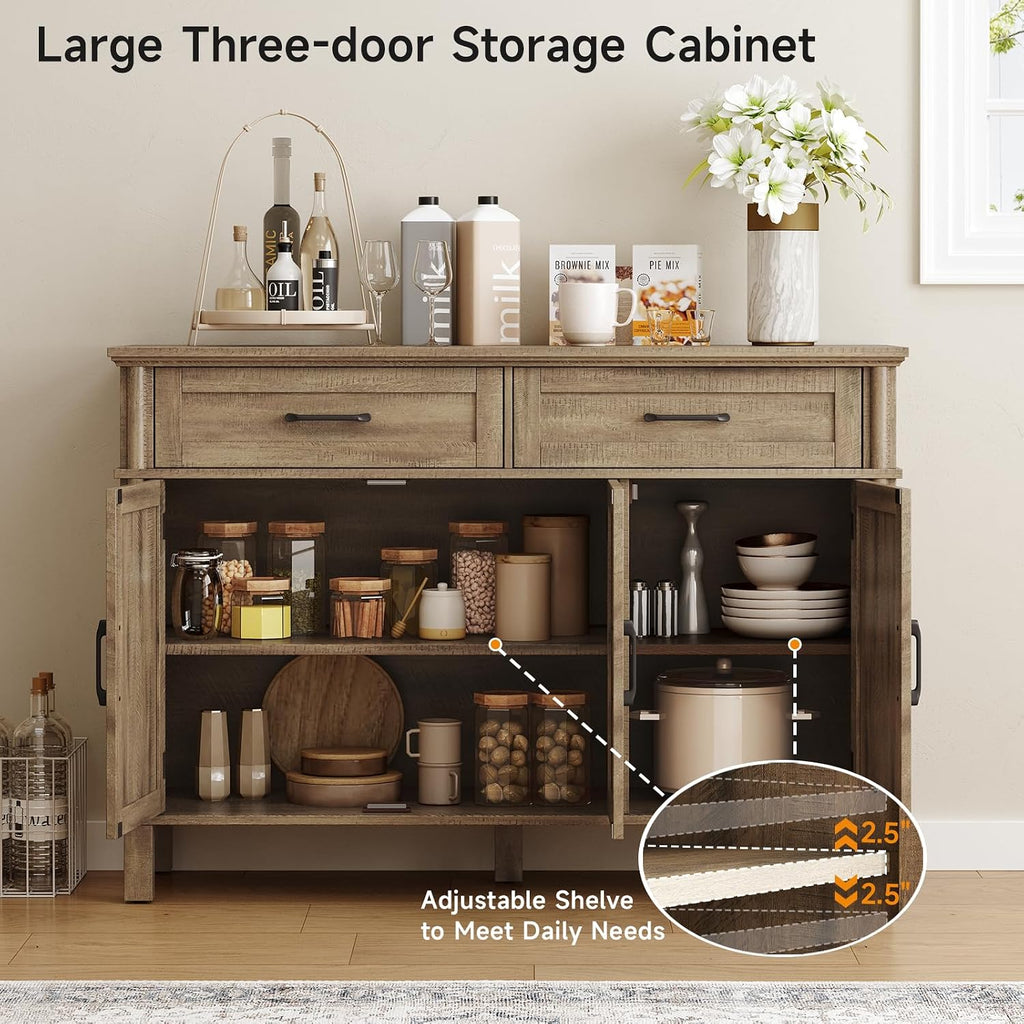48" Farmhouse Washed Grey Buffet Cabinet With Storage