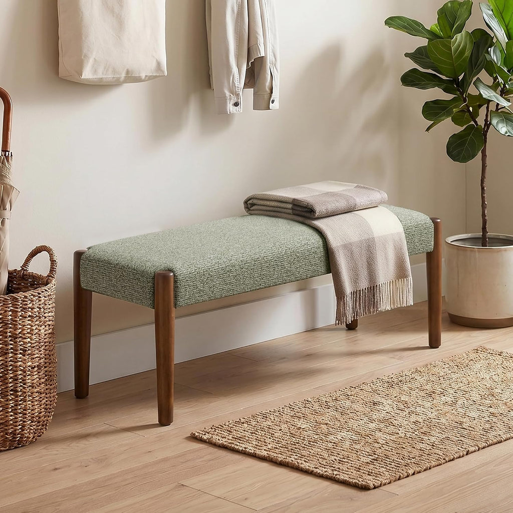 Modern Green Upholstered Bench Walnut Legs