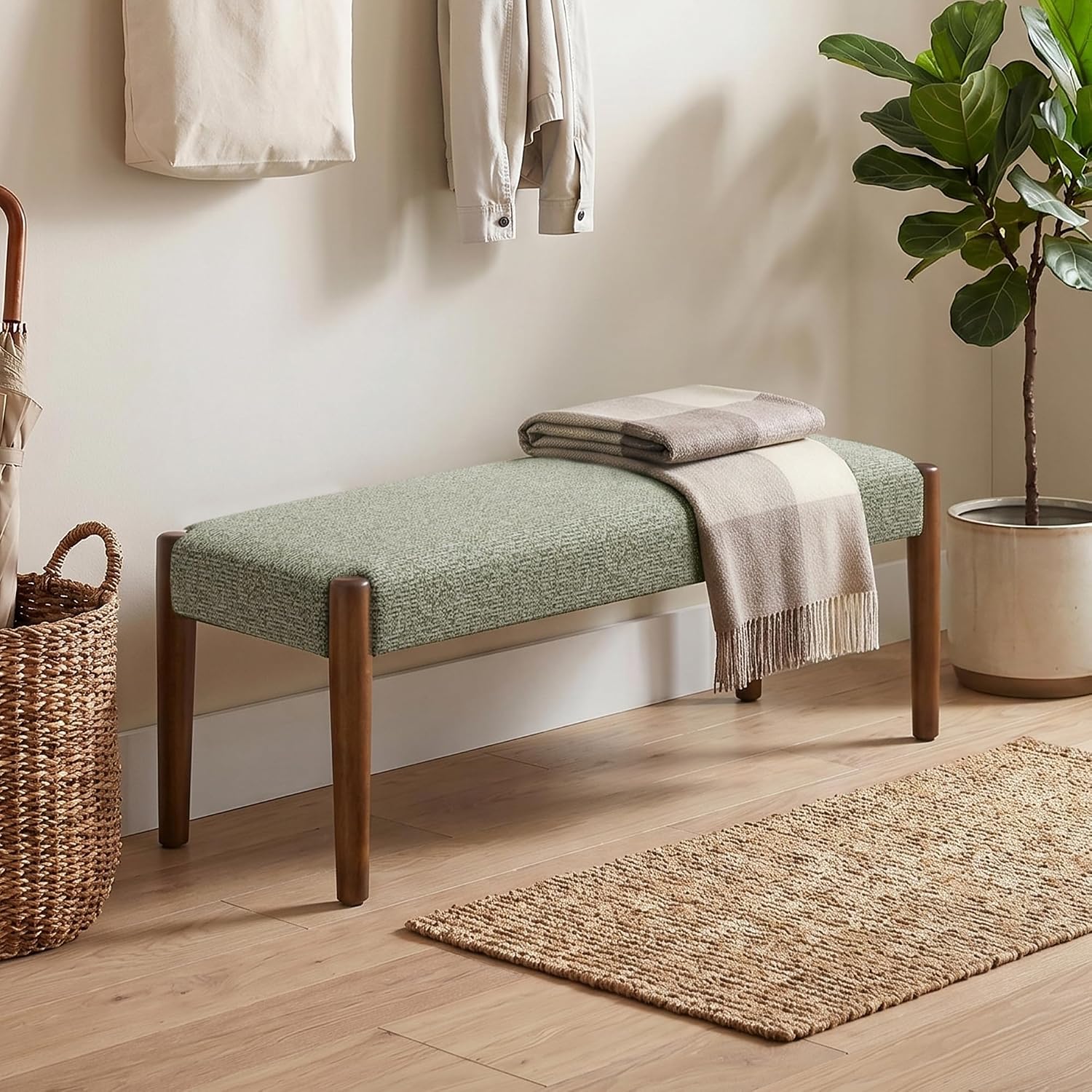 Modern Green Upholstered Bench Walnut Legs