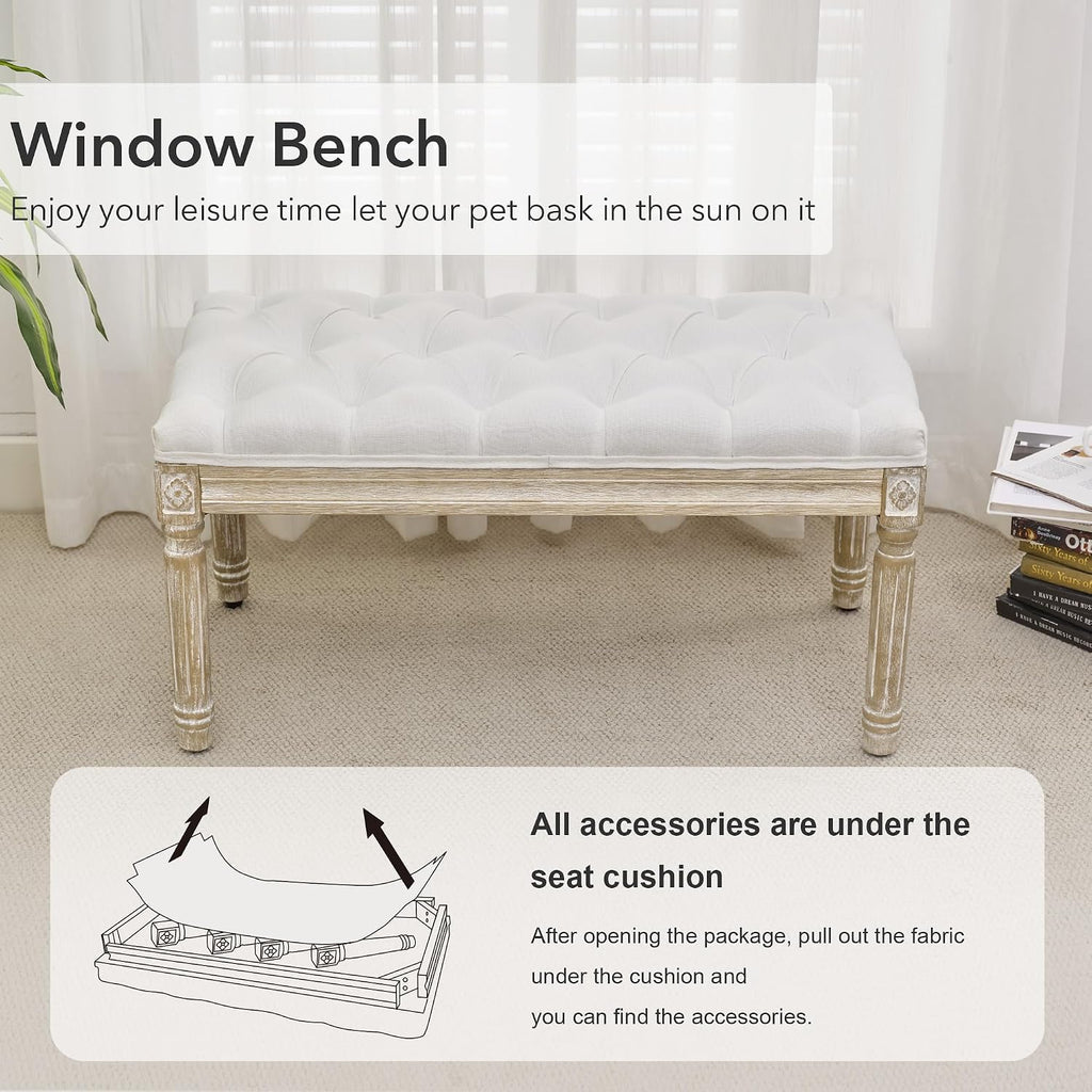 Vintage Tufted Linen Entryway Bench Wood Legs