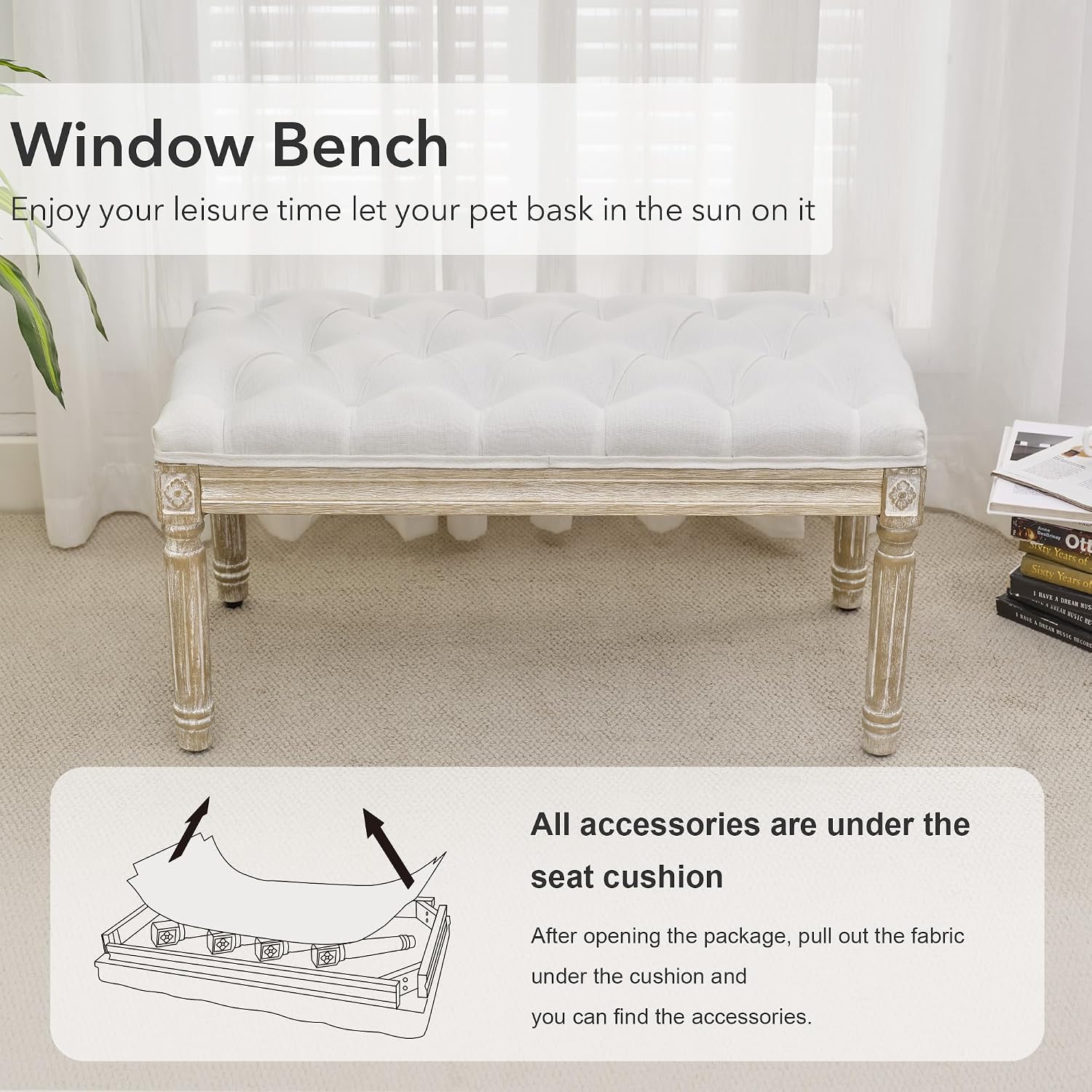 Vintage Tufted Linen Entryway Bench Wood Legs