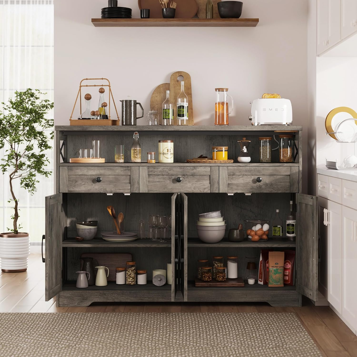51" Farmhouse Grey Buffet Sideboard With Storage