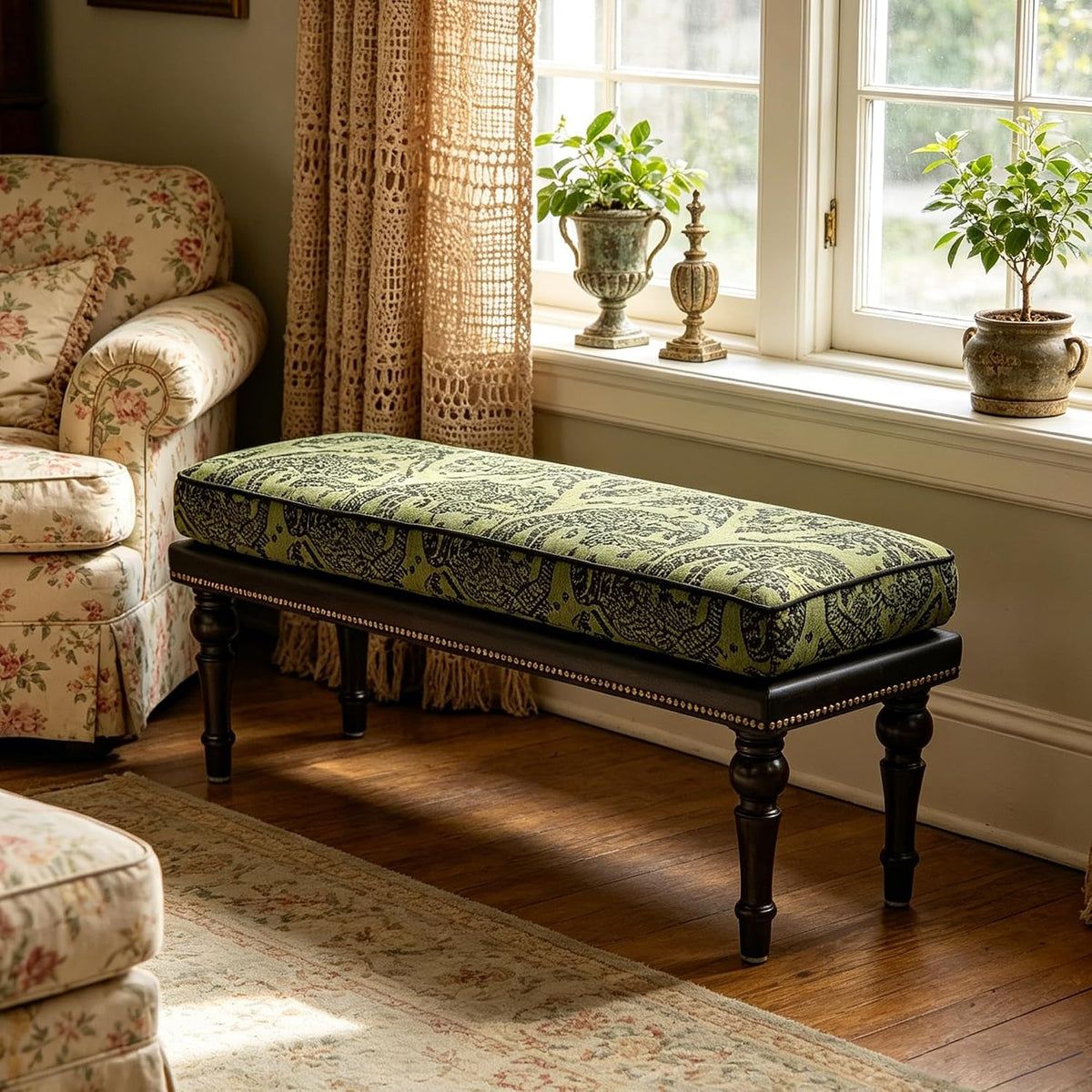 Vintage Wood Upholstered Bench Nailhead Trim