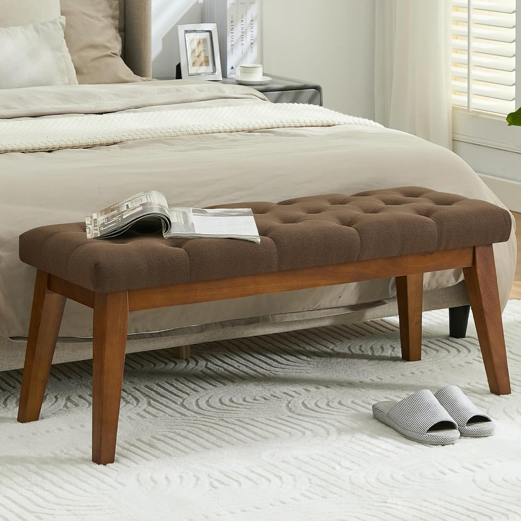 Vintage Tufted Linen Bench Wood Legs
