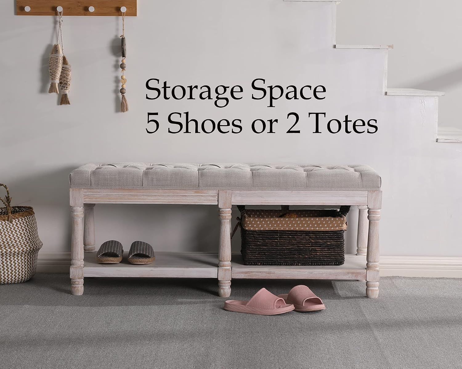 Tufted Wood Storage Bench Beige