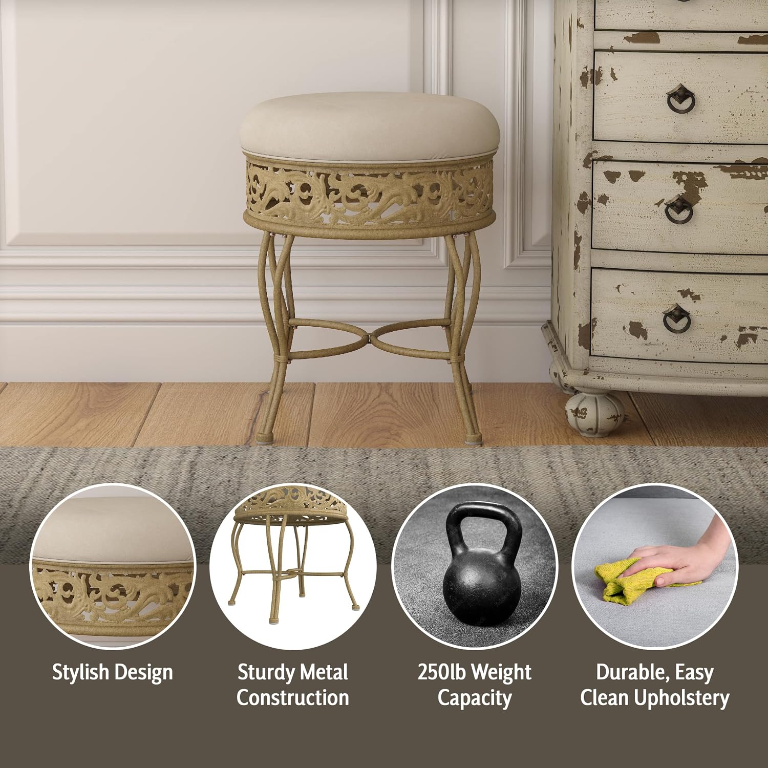 Villa  Metal Backless Vanity Stool Antique Beige