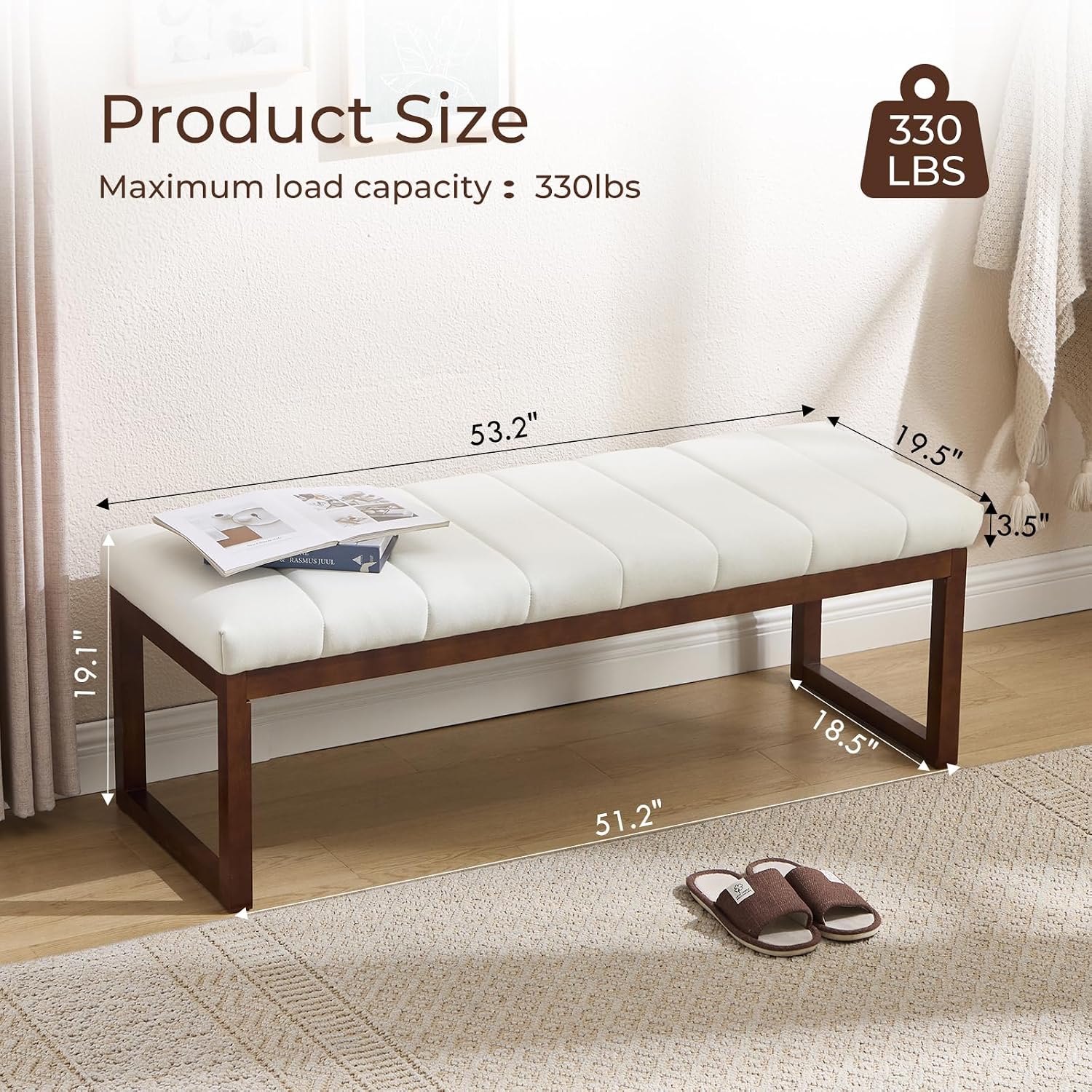 Linen Wood Frame Bedroom Bench Cream
