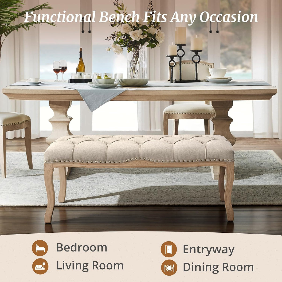 French Vintage Tufted Linen Bench Distressed Wood Legs