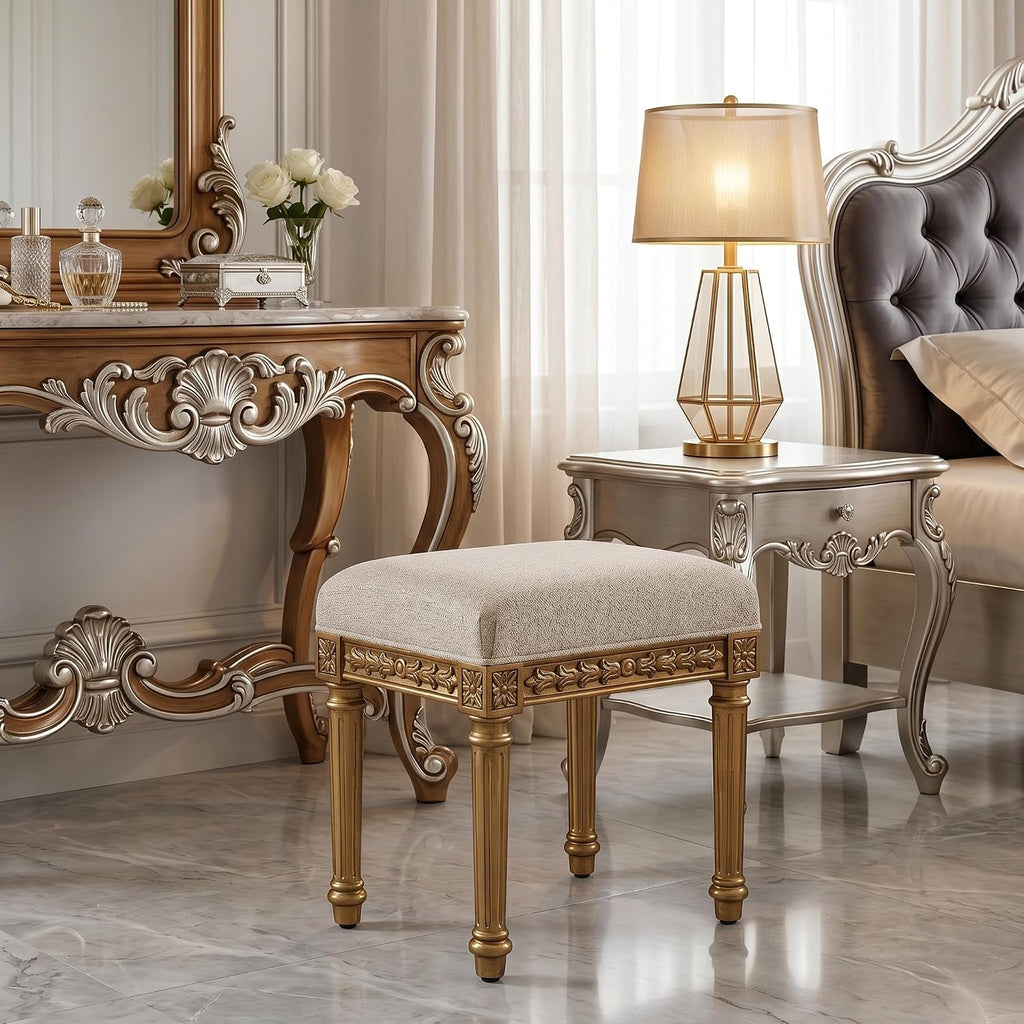 French Vintage Square Tufted Upholstered Vanity Stool