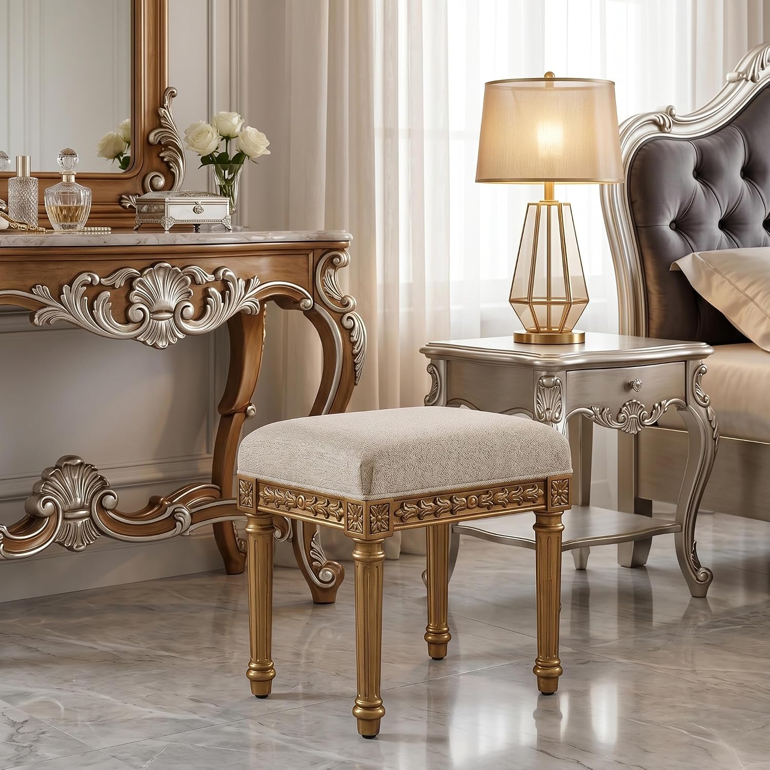 French Vintage Square Tufted Upholstered Vanity Stool