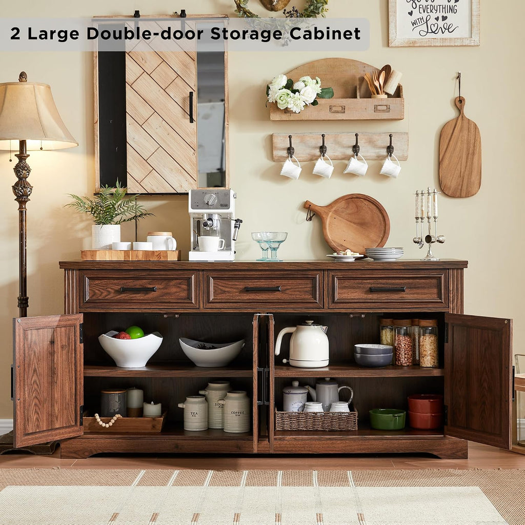 66" Farmhouse Dark Brown Buffet Cabinet Carved Doors