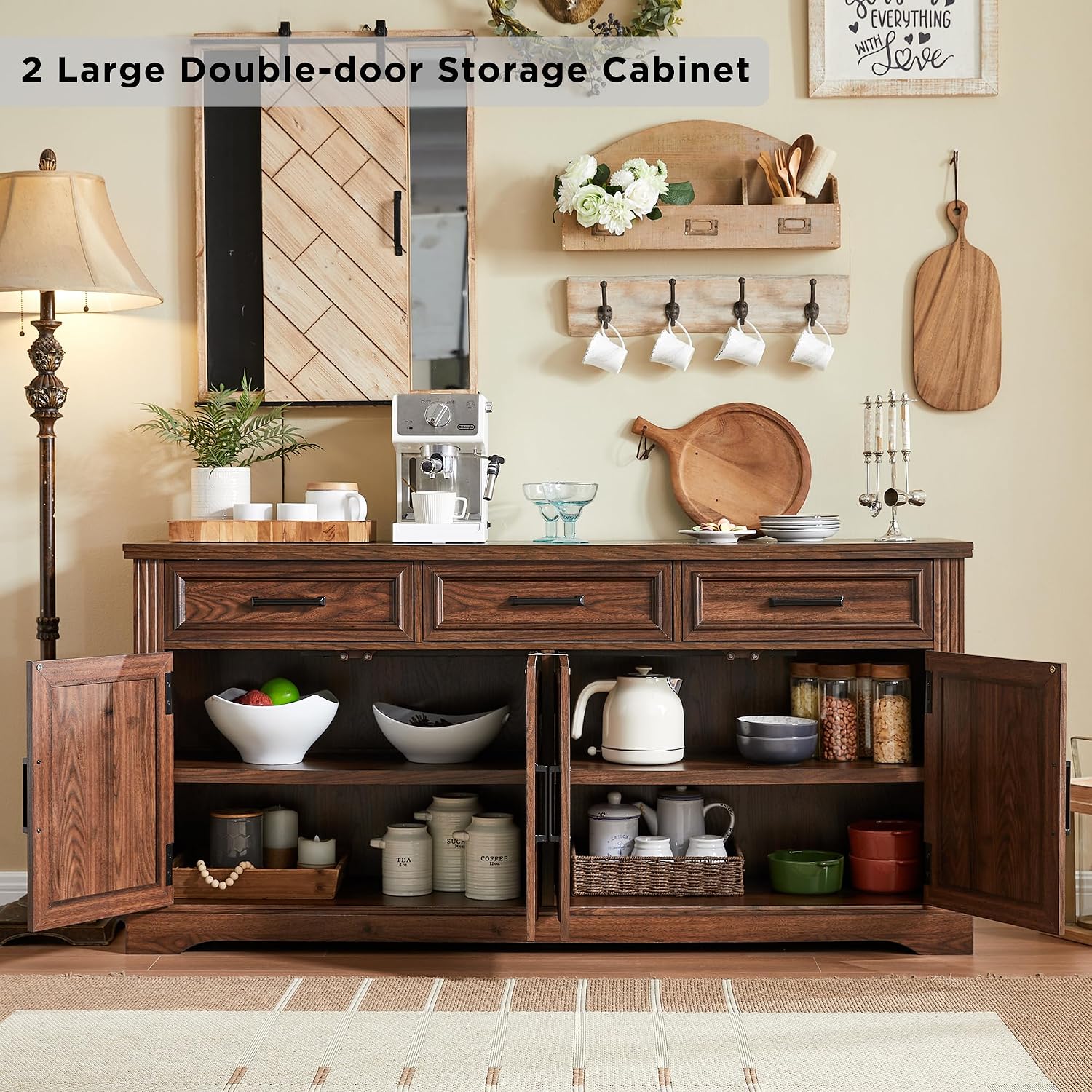 66" Farmhouse Dark Brown Buffet Cabinet Carved Doors