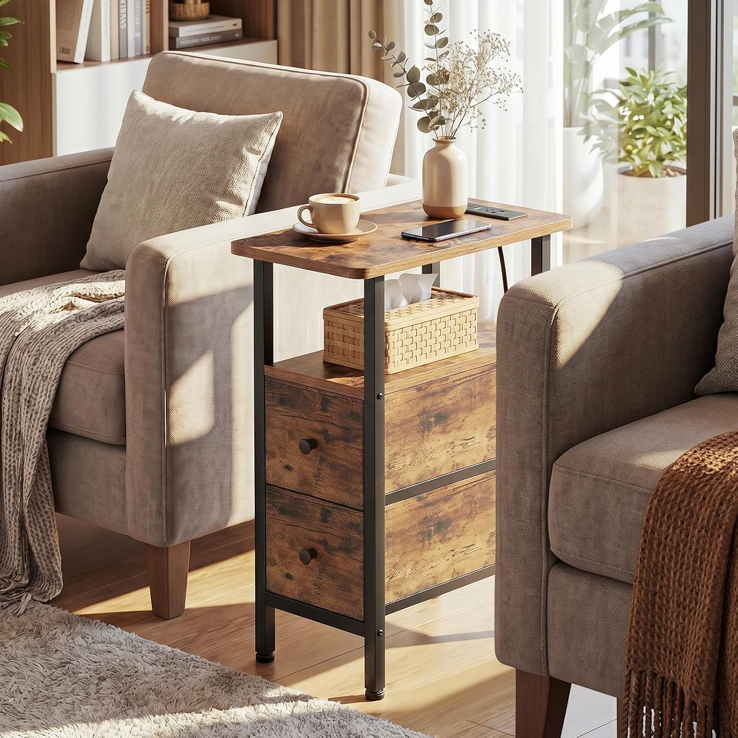 Narrow Rustic Brown End Table With Charging Station