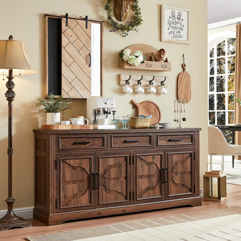 66" Farmhouse Dark Brown Buffet Cabinet Carved Doors