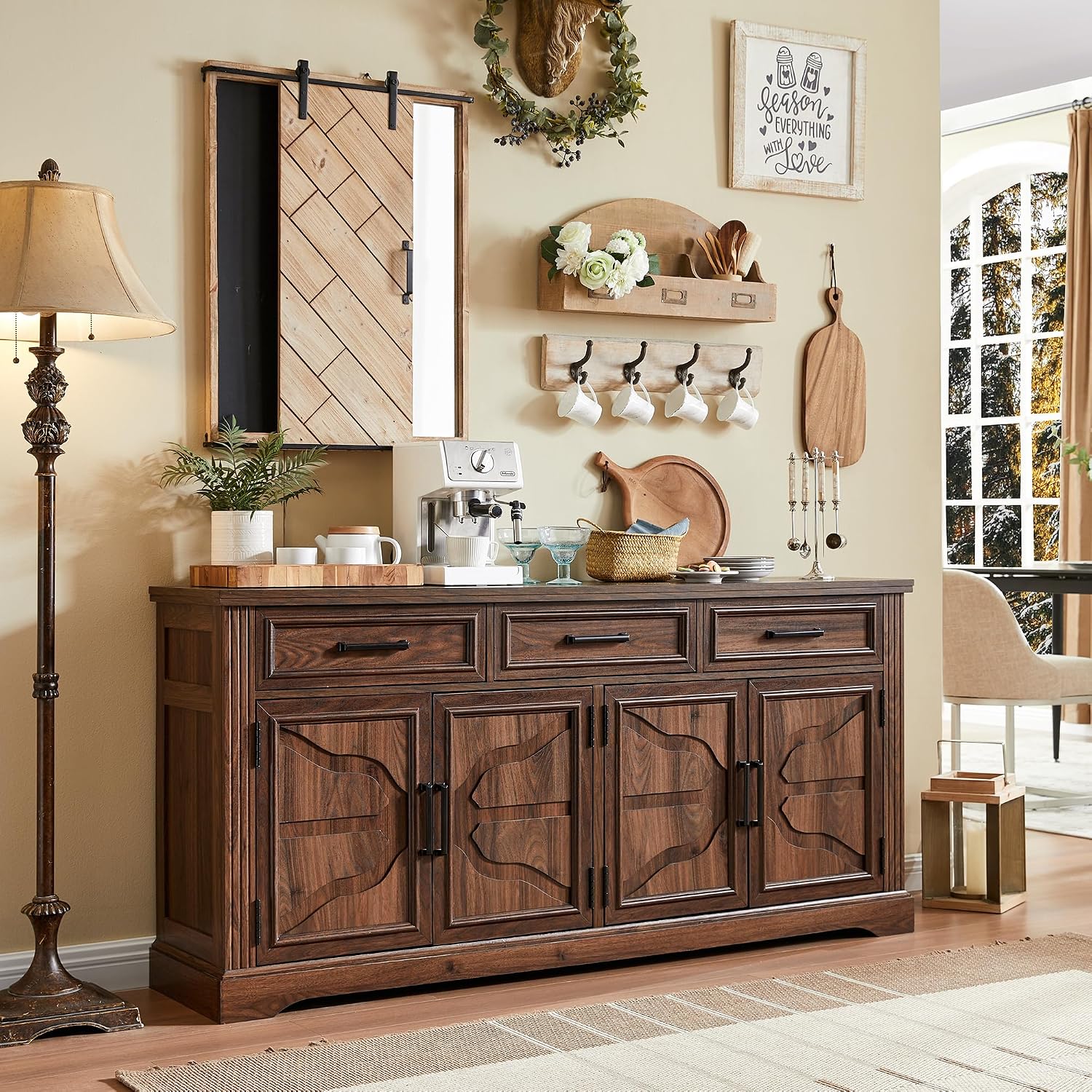 66" Farmhouse Dark Brown Buffet Cabinet Carved Doors