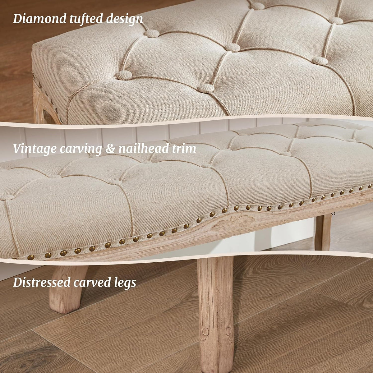 French Vintage Tufted Linen Bench Distressed Wood Legs