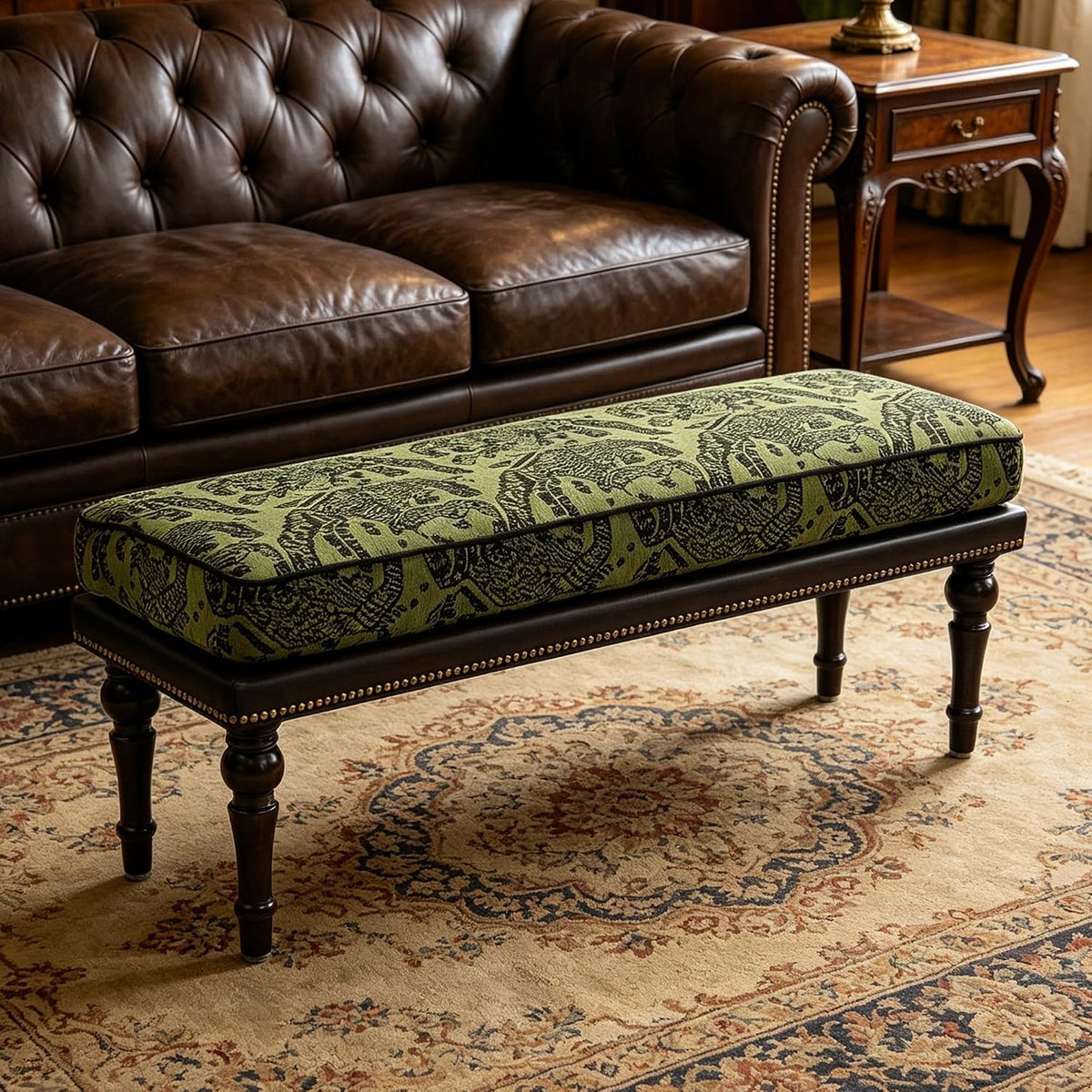 Vintage Wood Upholstered Bench Nailhead Trim
