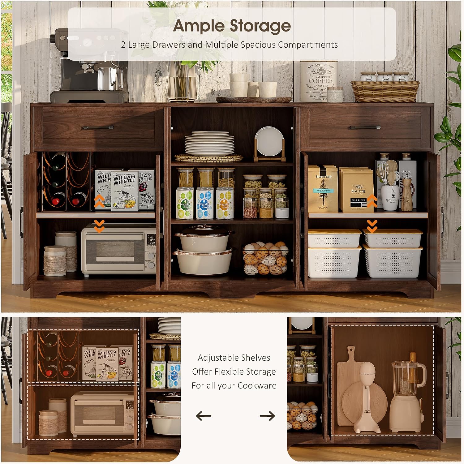 71" Farmhouse Dark Brown Sideboard Cabinet
