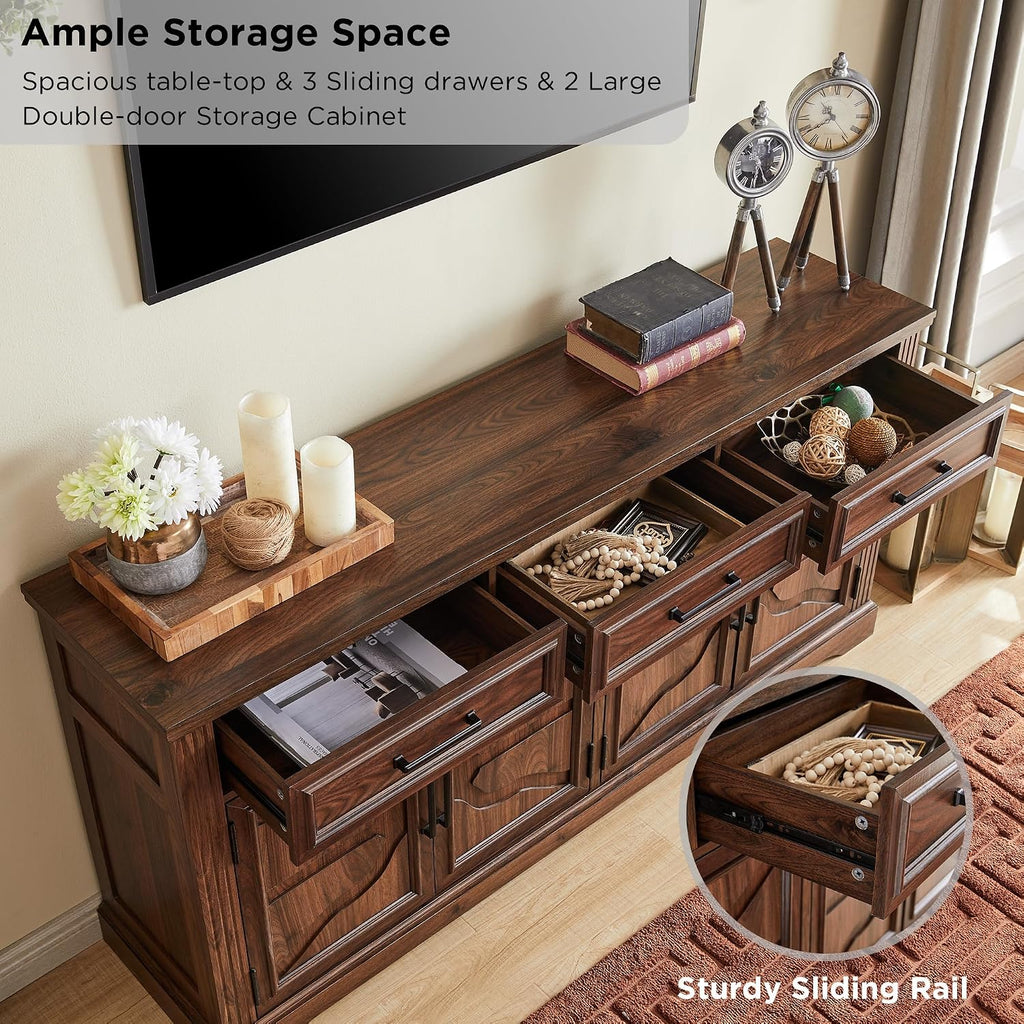 66" Farmhouse Dark Brown Buffet Cabinet Carved Doors