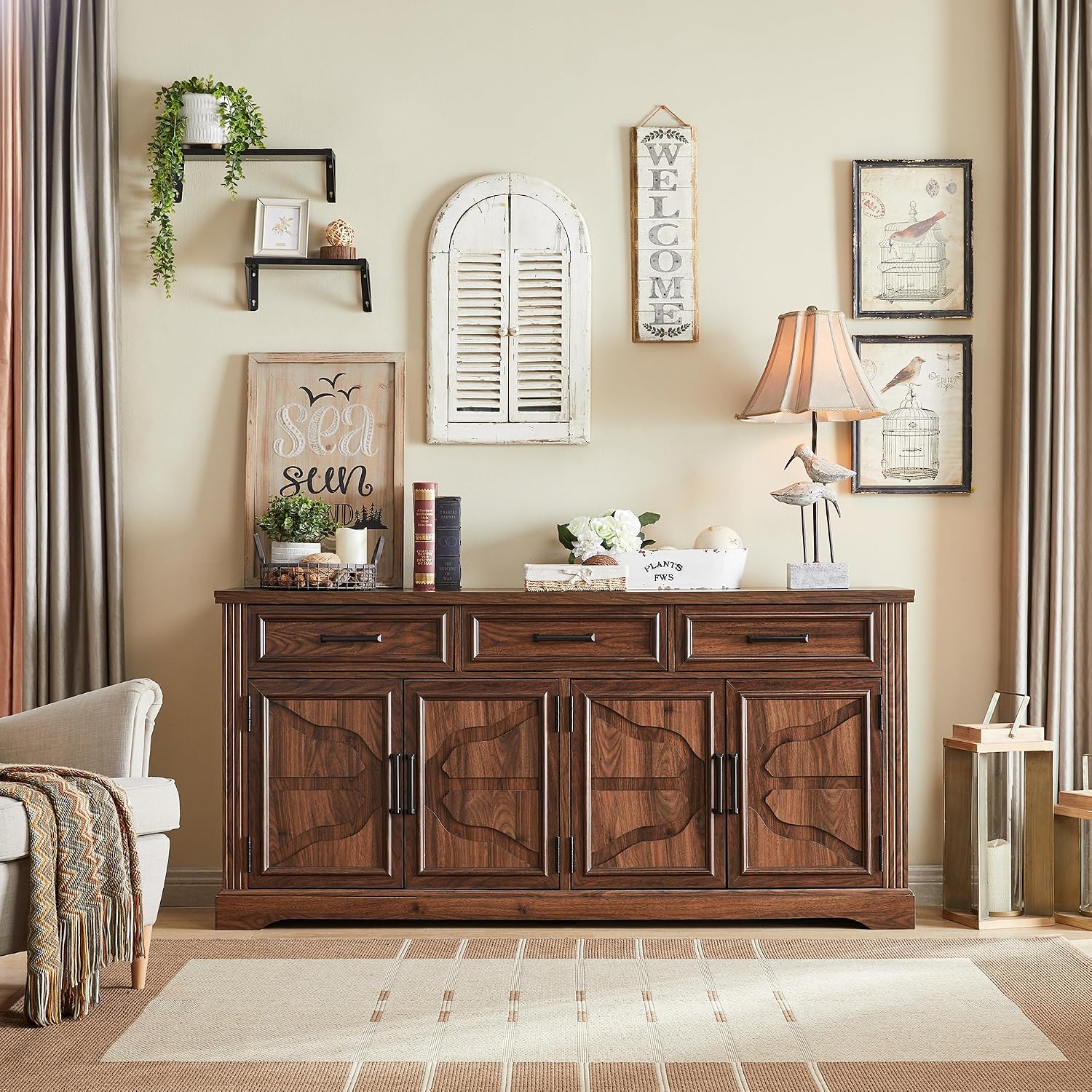 66" Farmhouse Dark Brown Buffet Cabinet Carved Doors