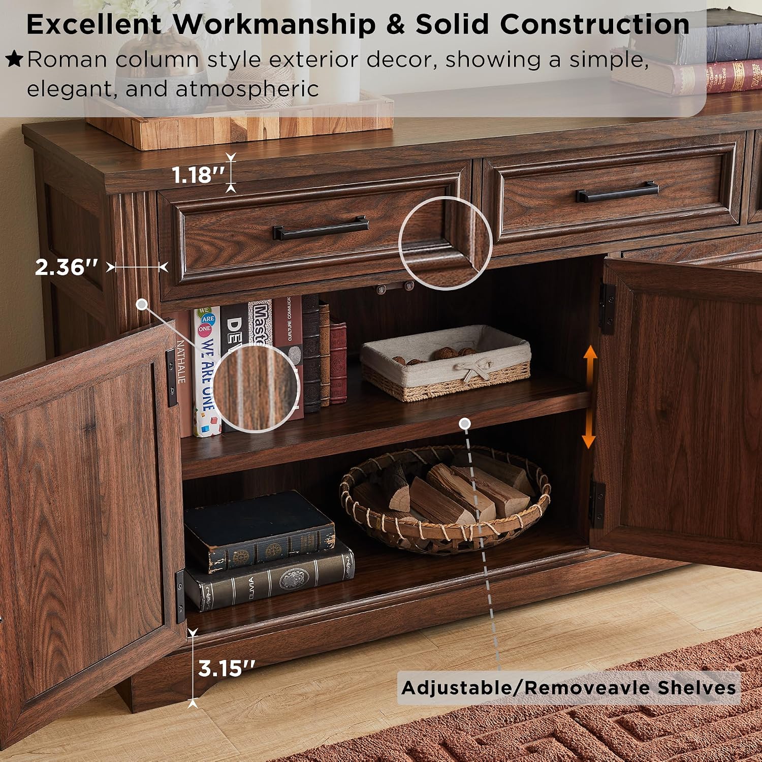 66" Farmhouse Dark Brown Buffet Cabinet Carved Doors