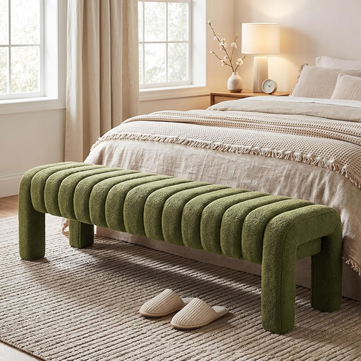 Modern Upholstered Bench Wood Legs Green
