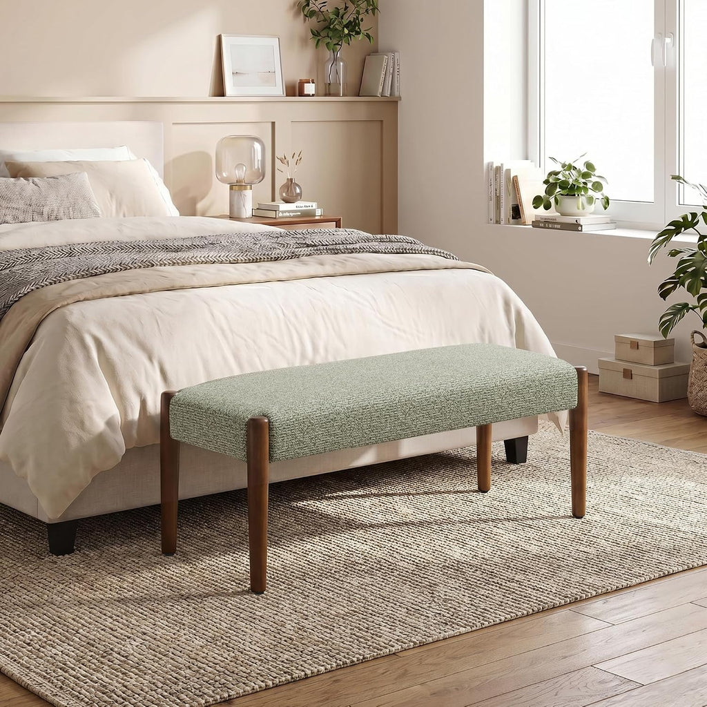 Modern Green Upholstered Bench Walnut Legs